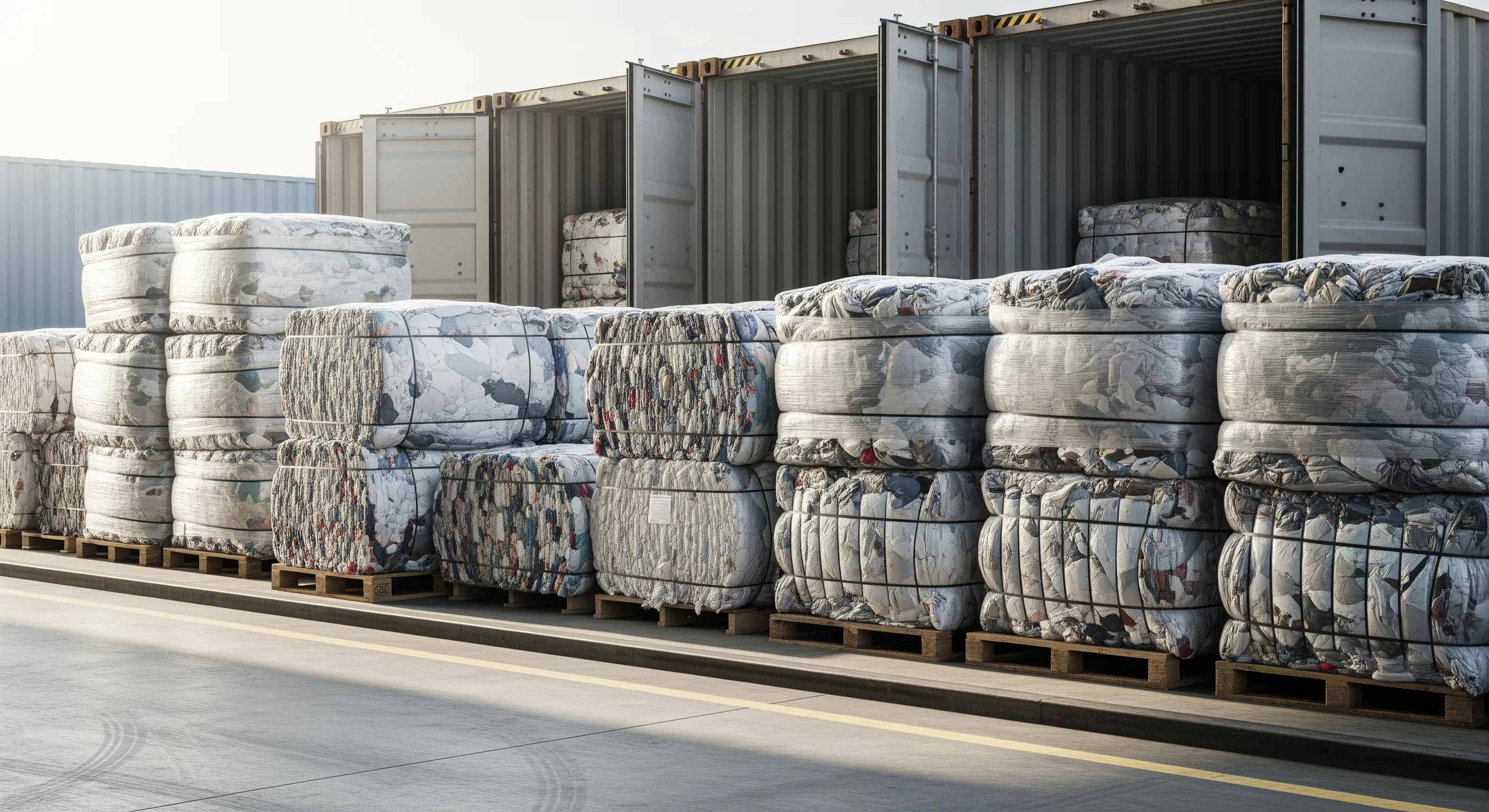 Loading dock with bales of second-hand clothes on pallets next to open shipping containers, staged for export in Italy