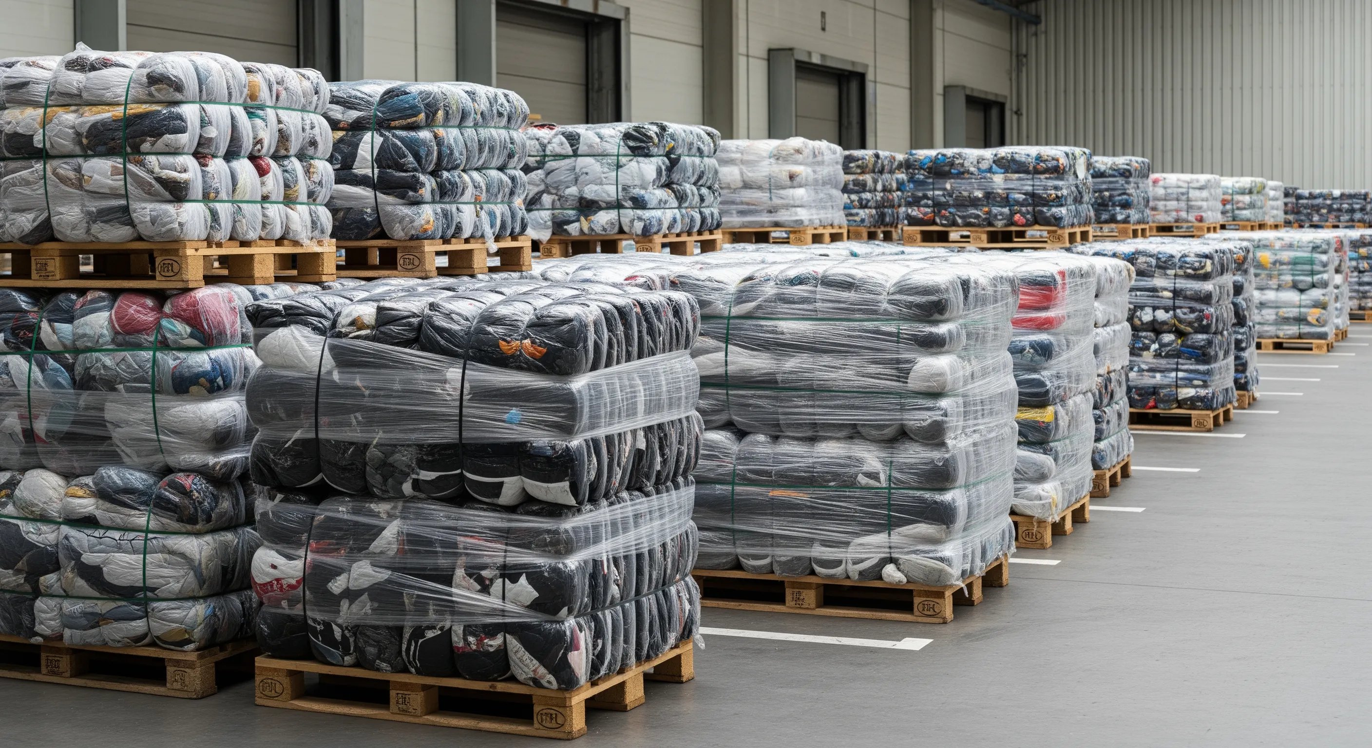Loading dock with pallets of second hand clothes bales staged for export, clean industrial trade setting in Europe