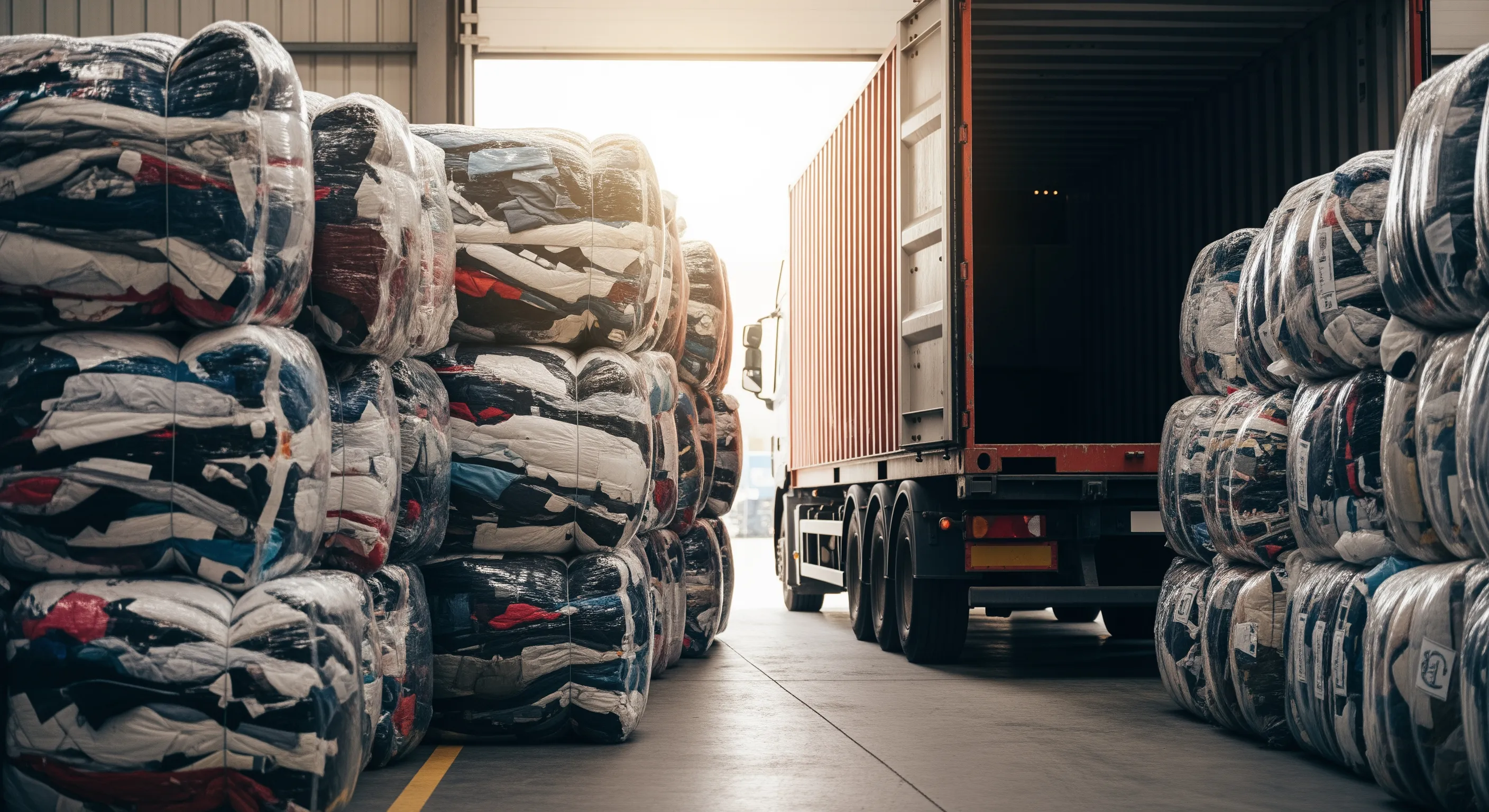 Loading dock with large bales of second-hand clothes prepared for export beside a freight truck in a clean logistics setting.