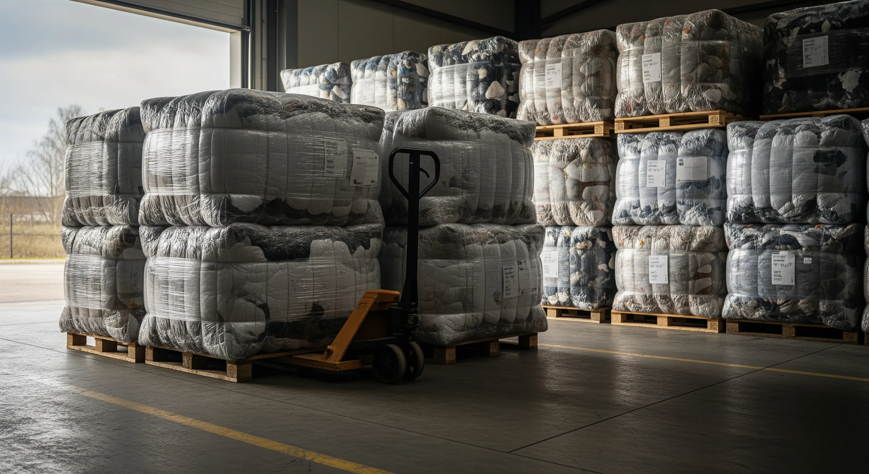 Loading dock with several pallets of second-hand clothing bales prepared for export in an Italian warehouse