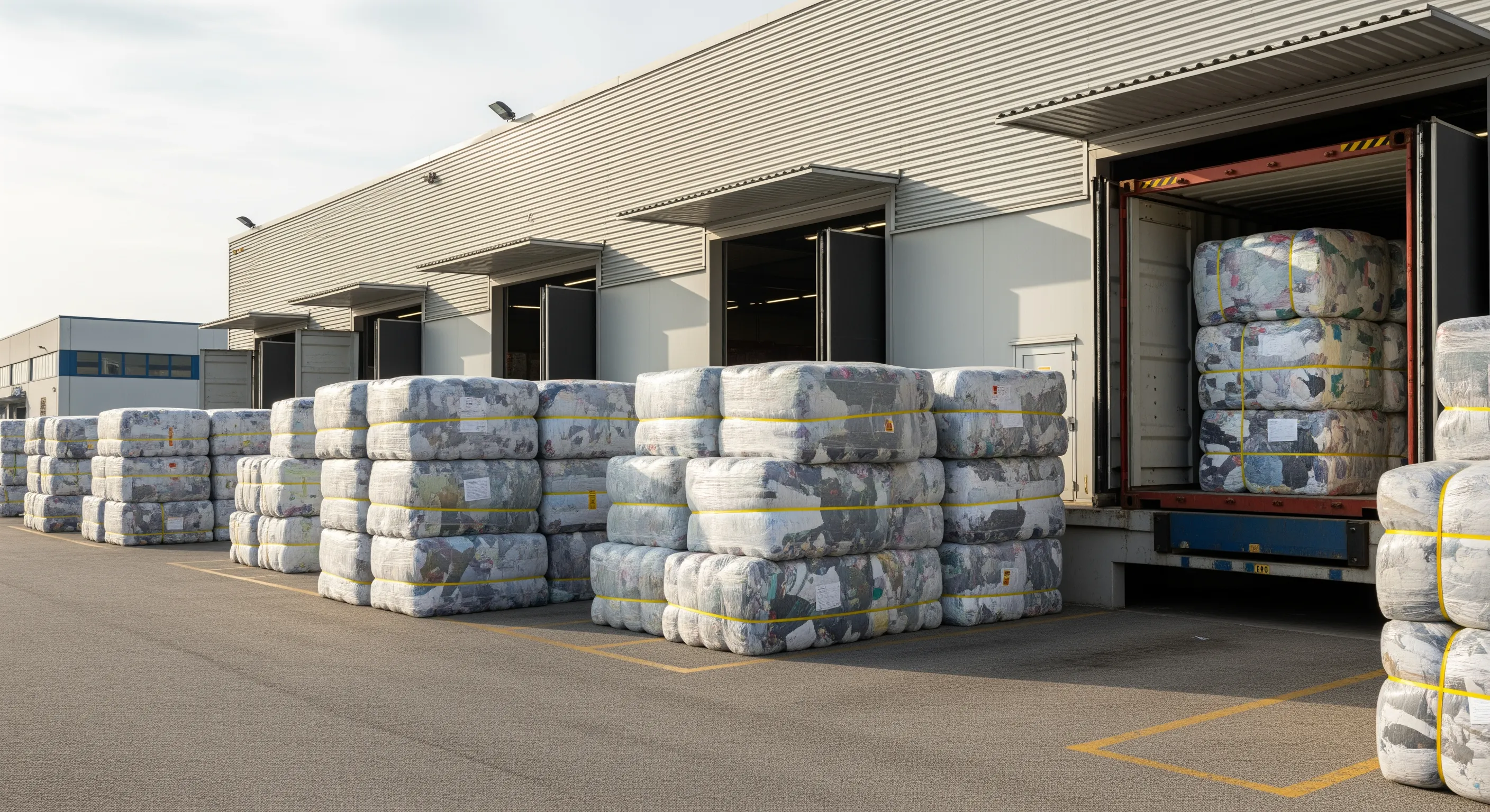 Loading bay with large bales of second hand clothing lined up beside an open freight container ready for export.