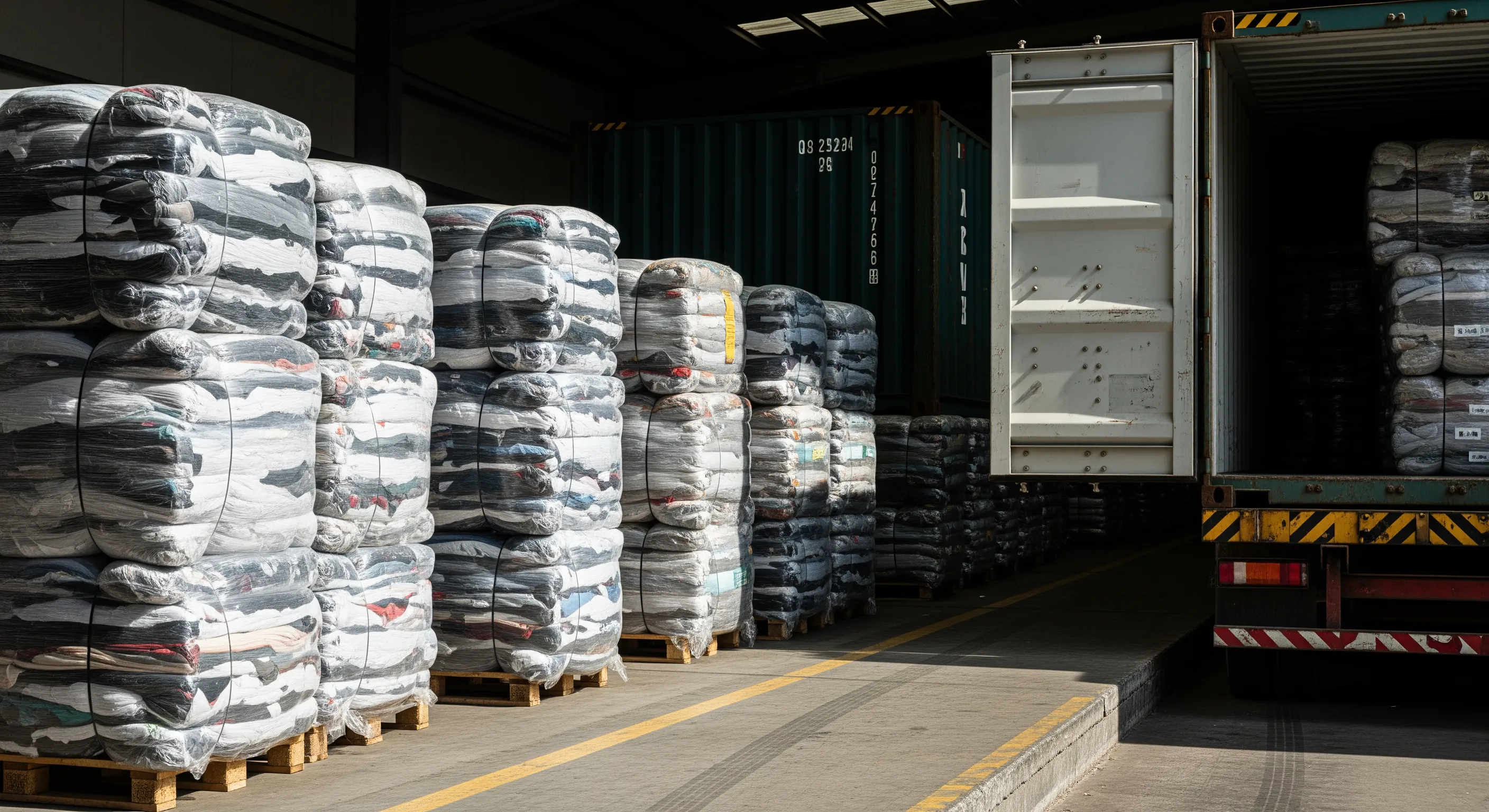 Loading dock with large bales of packaged second-hand clothing beside freight container prepared for shipment