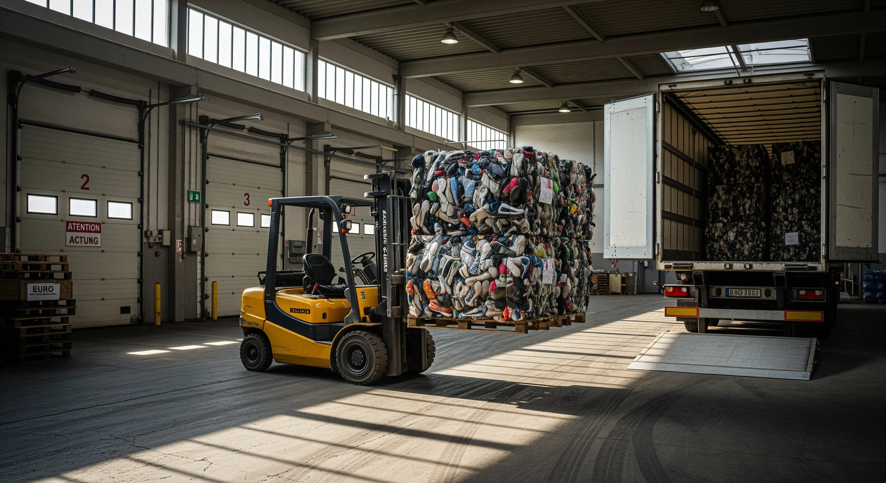 Forklift moving large bales of second hand shoes at an export loading bay in a European wholesale warehouse