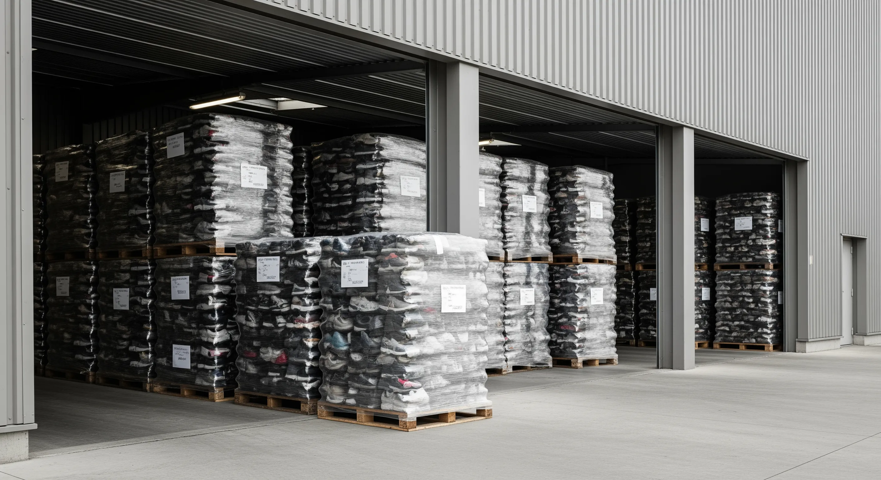 Loading bay in an Italian warehouse with pallets of human-height shoe bales prepared for shipment, clean and organized