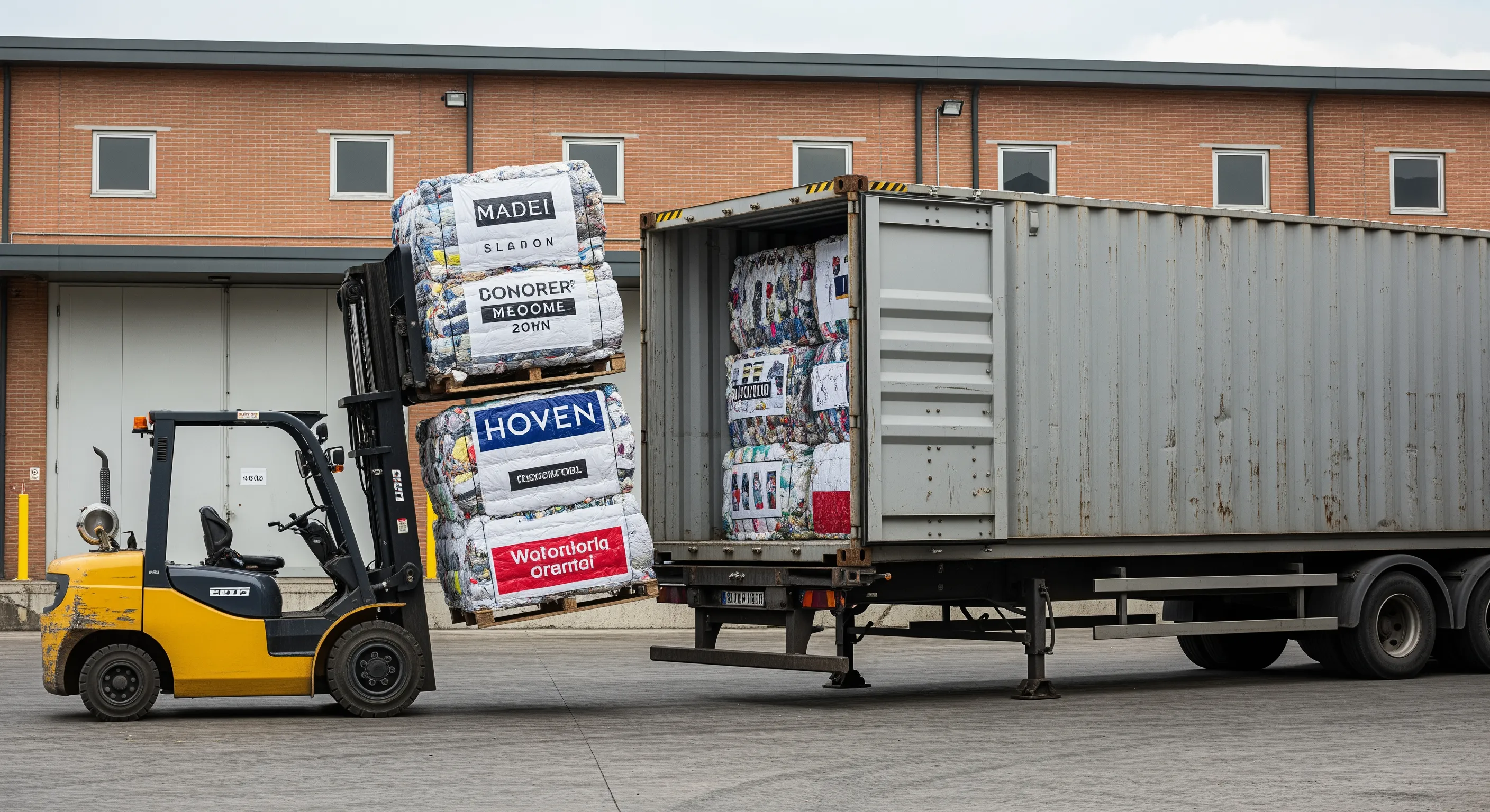 Warehouse loading dock scene with forklift loading big bales of branded used clothes onto truck container for export