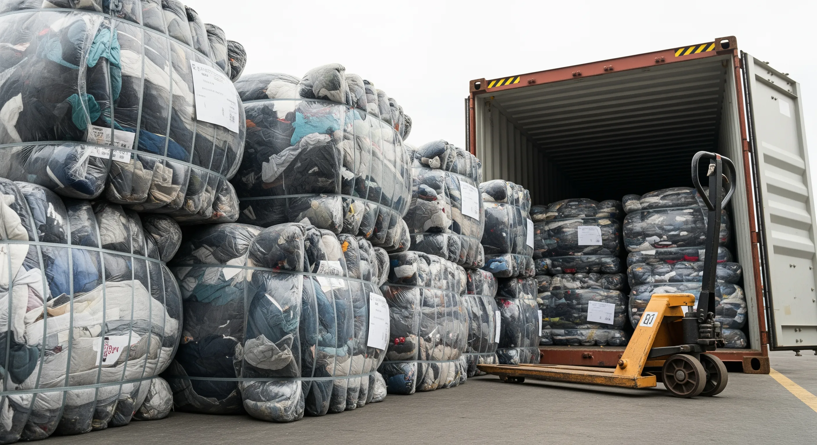 Bales of second-hand clothing stacked near a freight container at a loading dock in a European wholesale warehouse