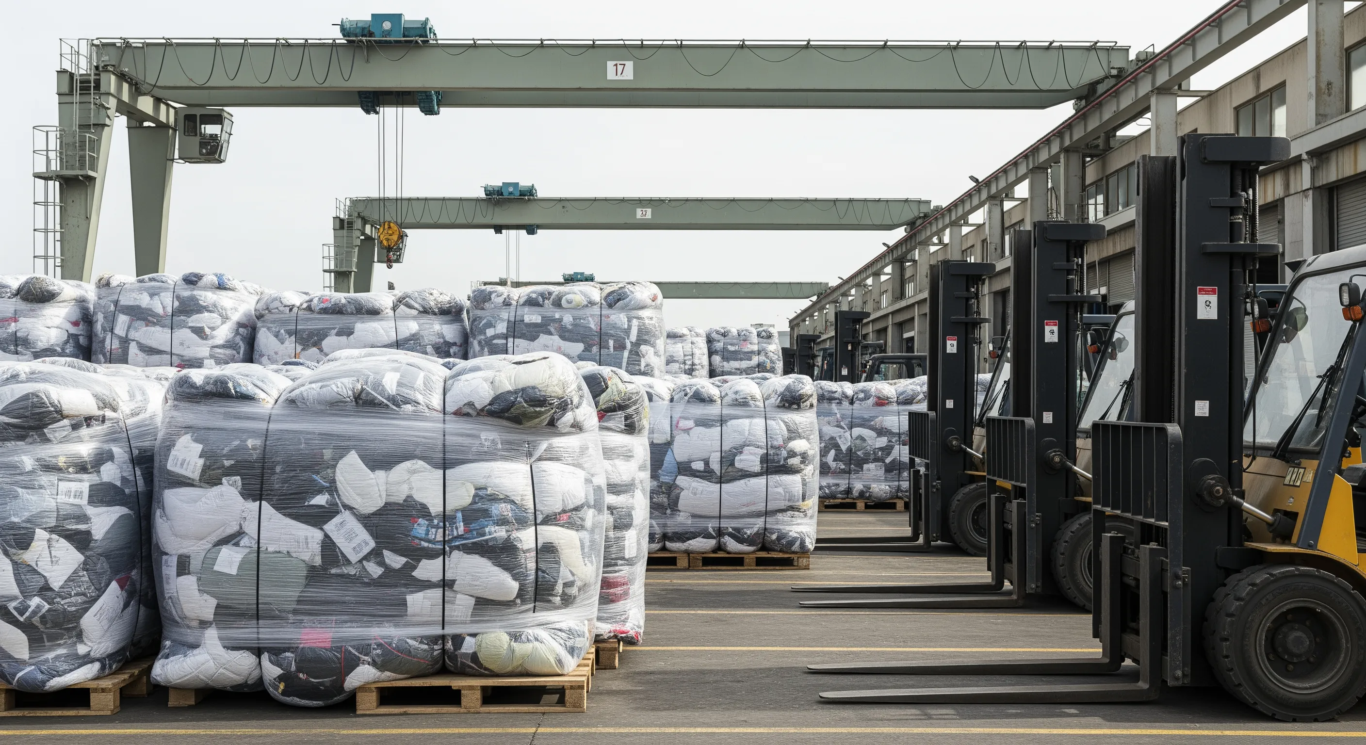 Loading dock area with pallets of large bales of wholesale used clothing ready for export from Italy to Canada.