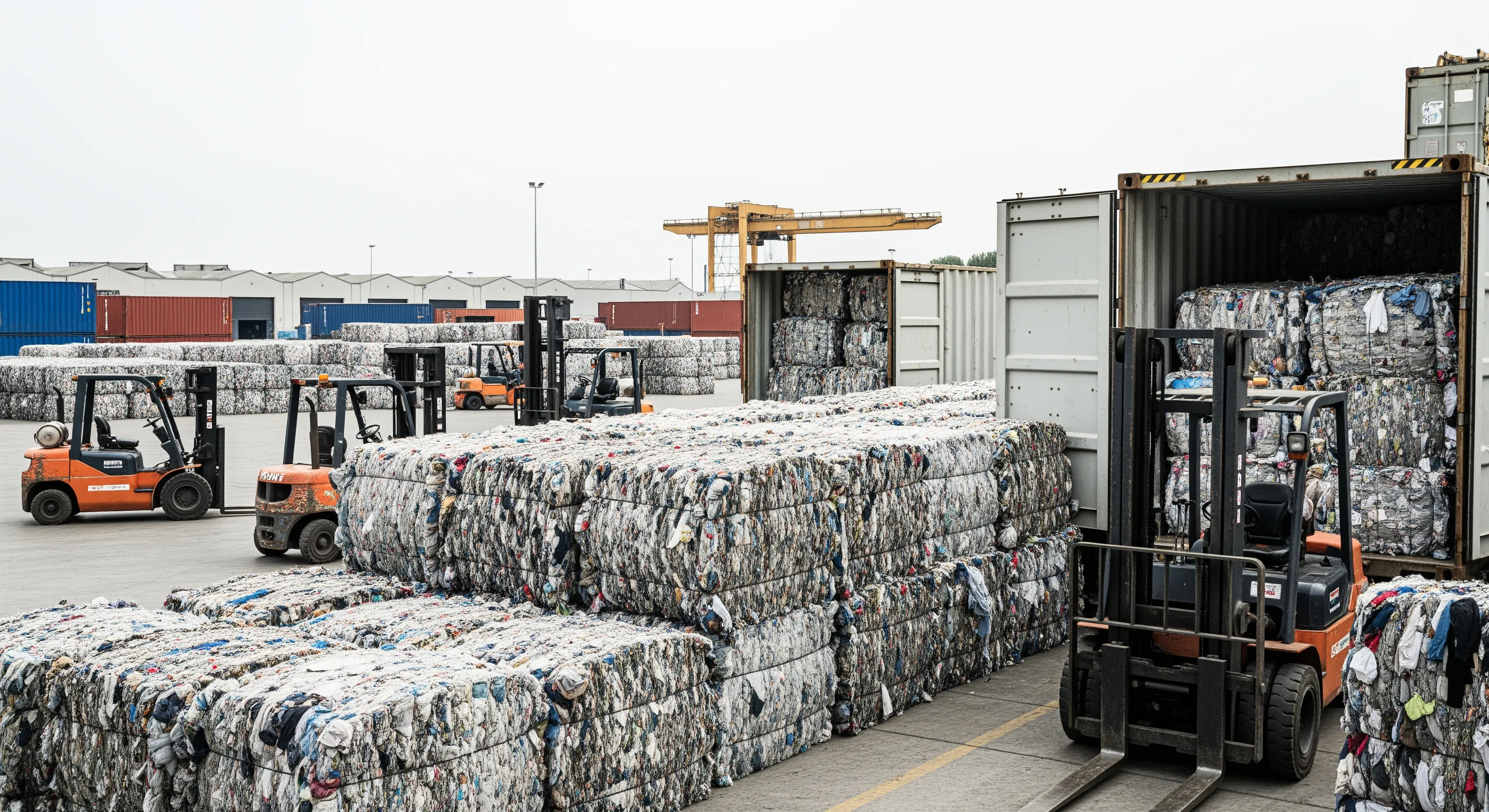 Wholesale bales of used clothing staged near an export container at a loading dock in Italy under soft daylight