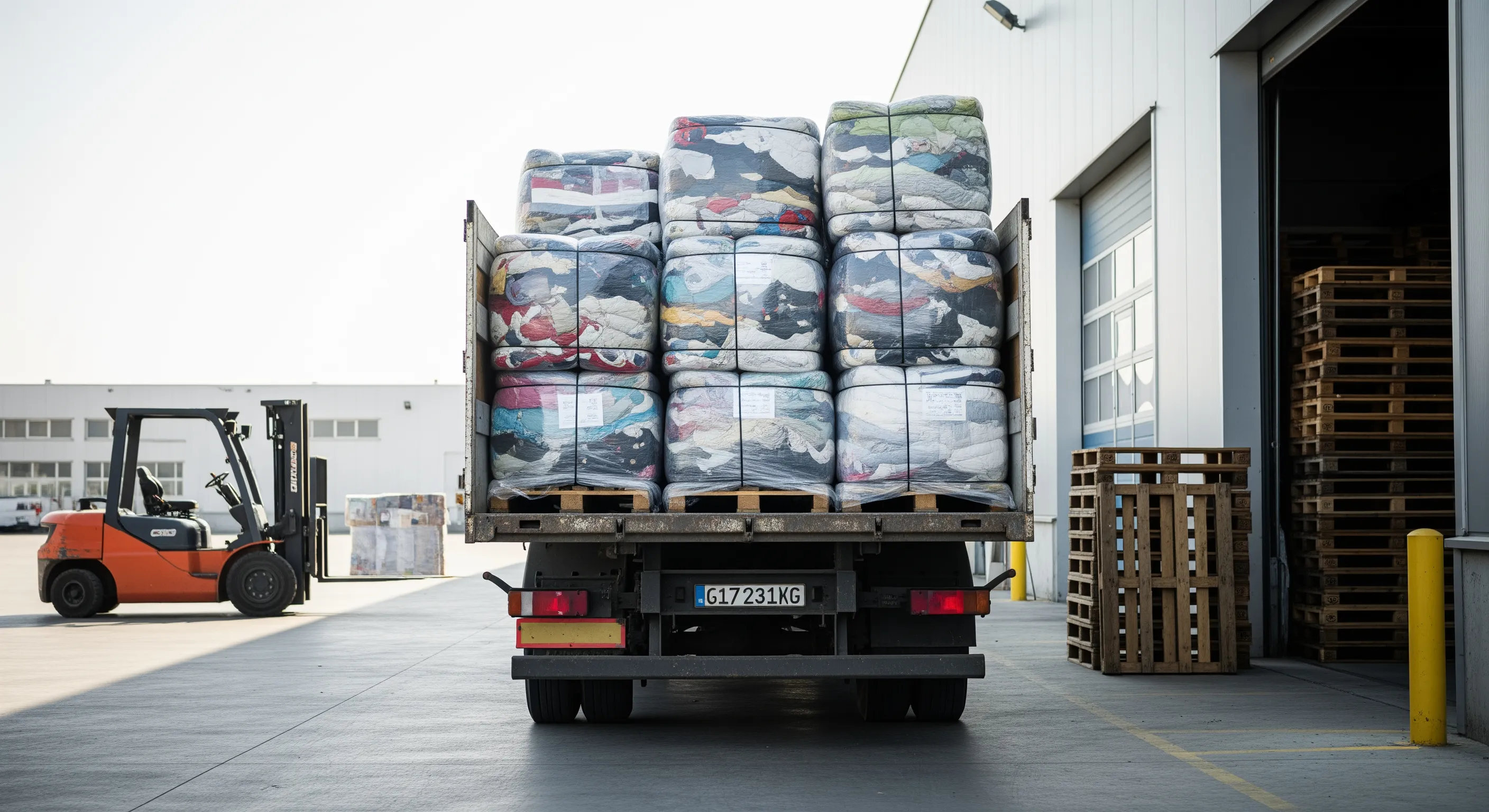 Loading dock scene showing large bales of used clothing being prepared for export on a flatbed truck