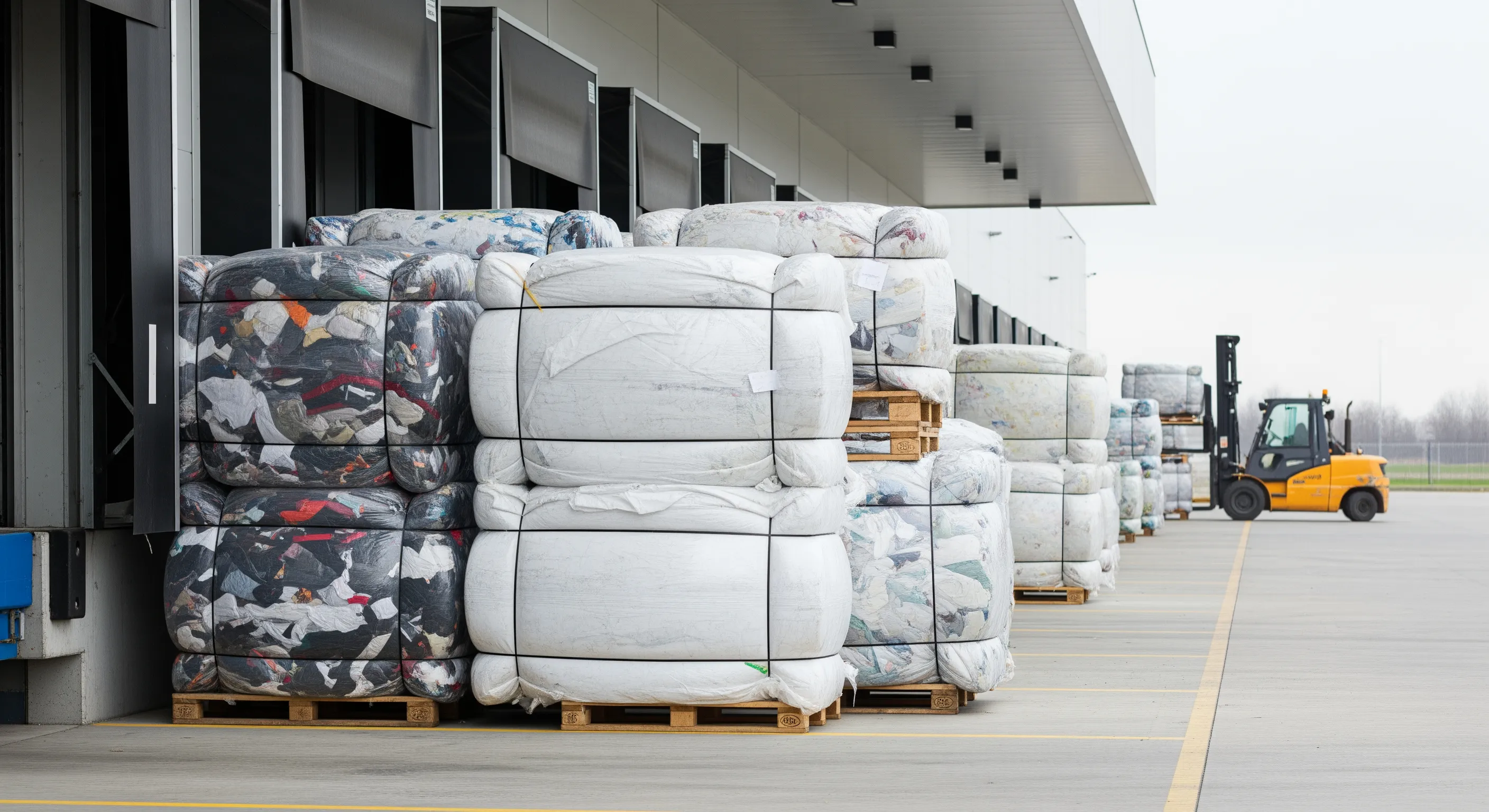 Loading dock with pallets of packed used clothing bales ready for shipment outside a European warehouse