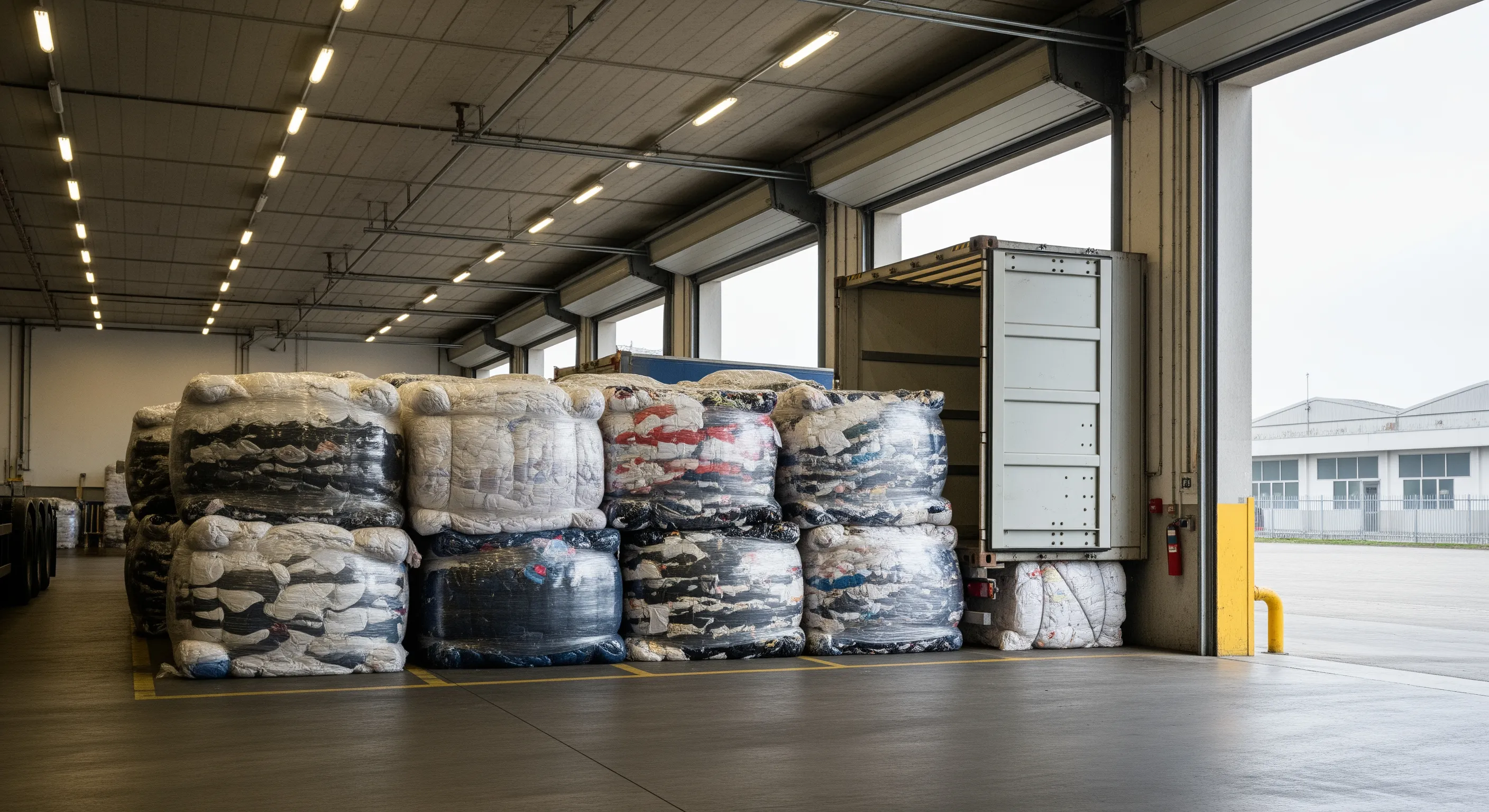 Loading dock with multiple sizable clothing bales staged beside freight truck ready for export at an Italian warehouse