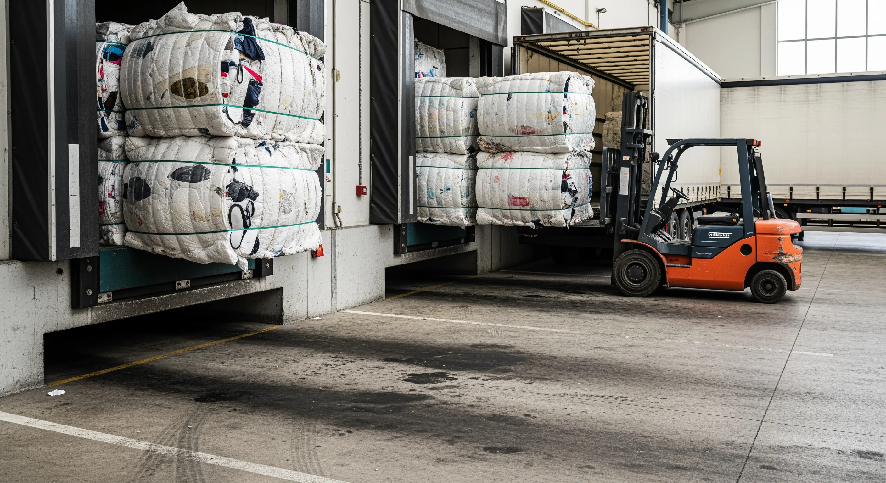 Logistics loading bay with bales of second hand clothes and shoes being prepared for export in Italy
