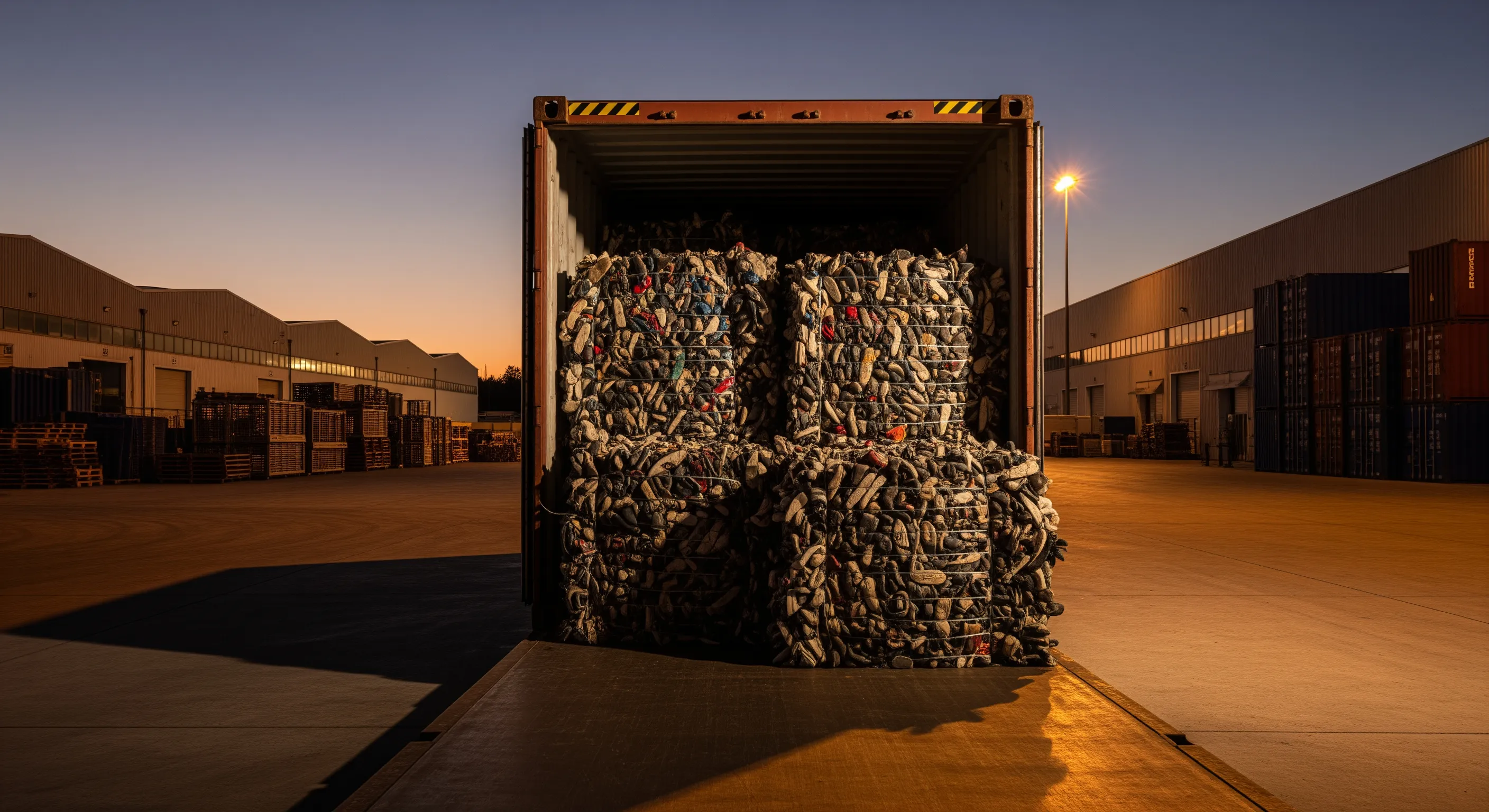 Loading dock with open freight container packed with bulk bales of second-hand shoes ready for export