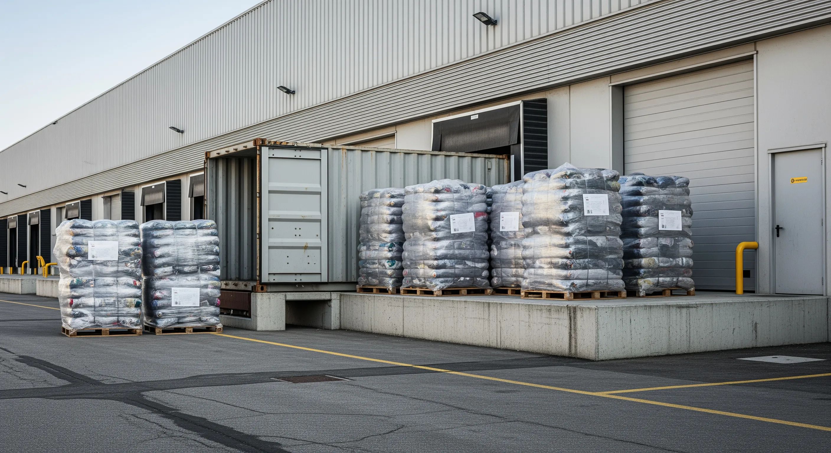 Loading bay with large second hand clothes bales staged for freight container export from Italy