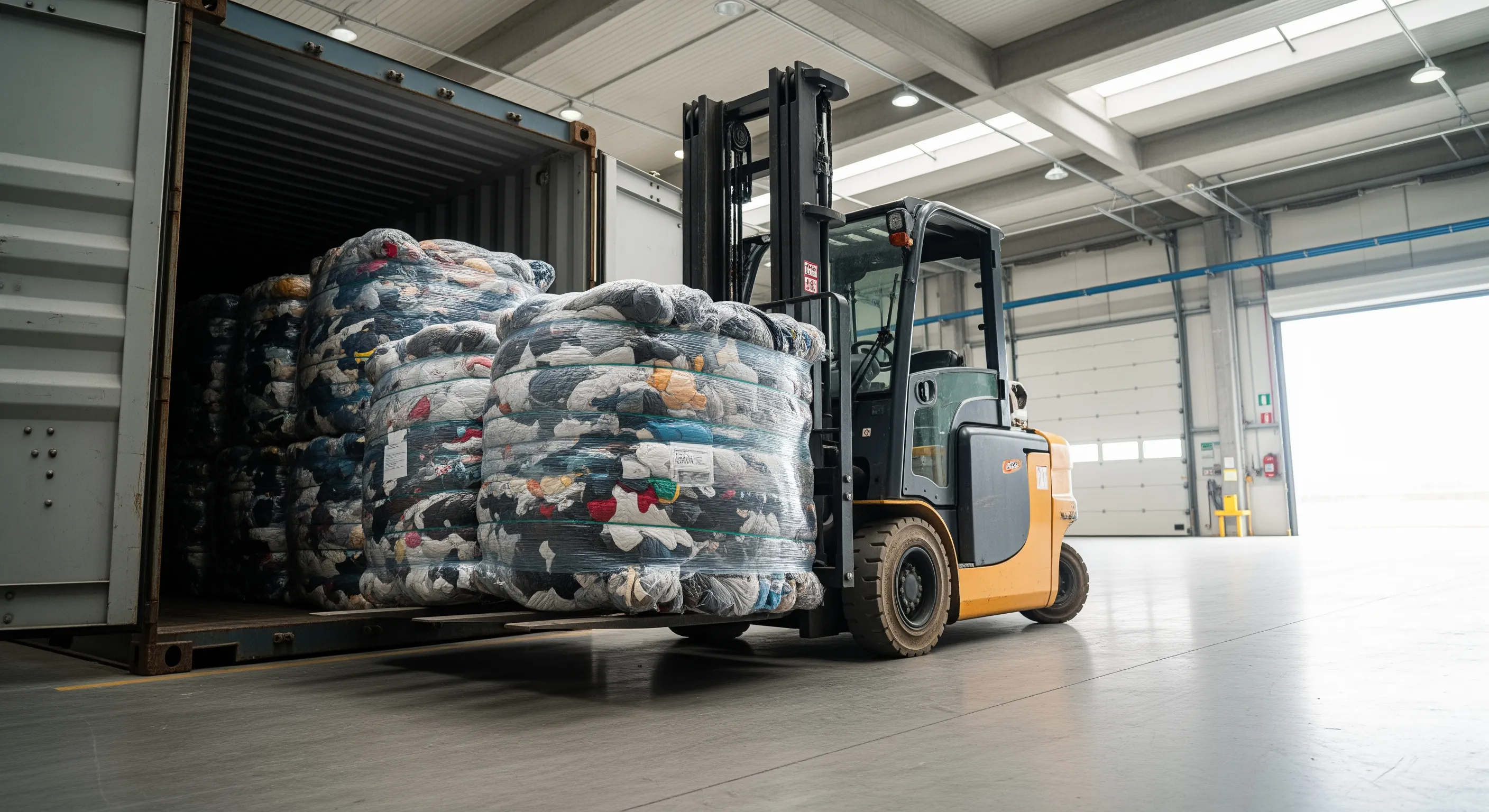 Loading bay scene showing forklift handling large bales of second-hand clothing ready for export in Italy