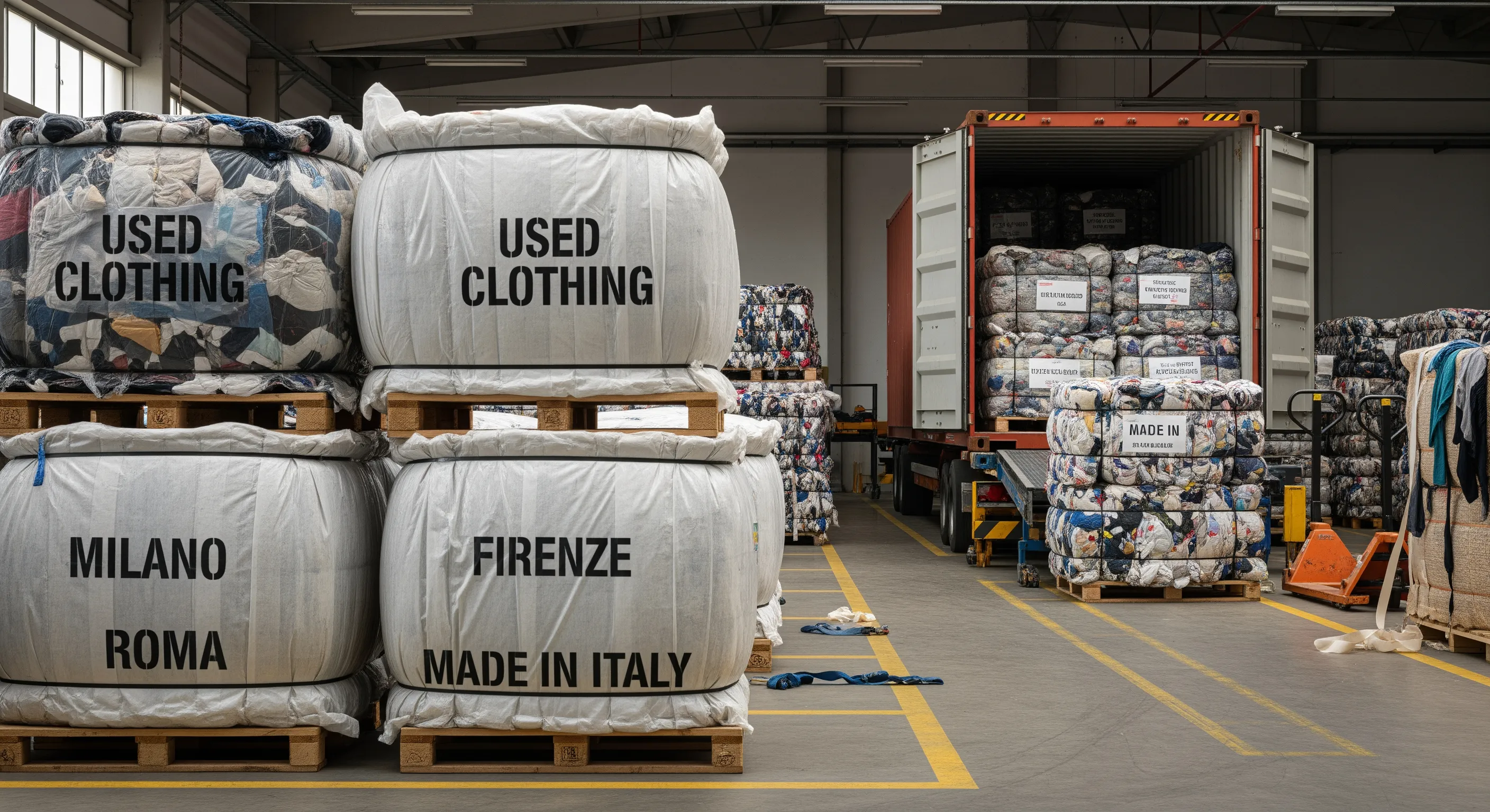 Second-hand clothing bales staged at a loading dock next to an open shipping container in an Italian warehouse.