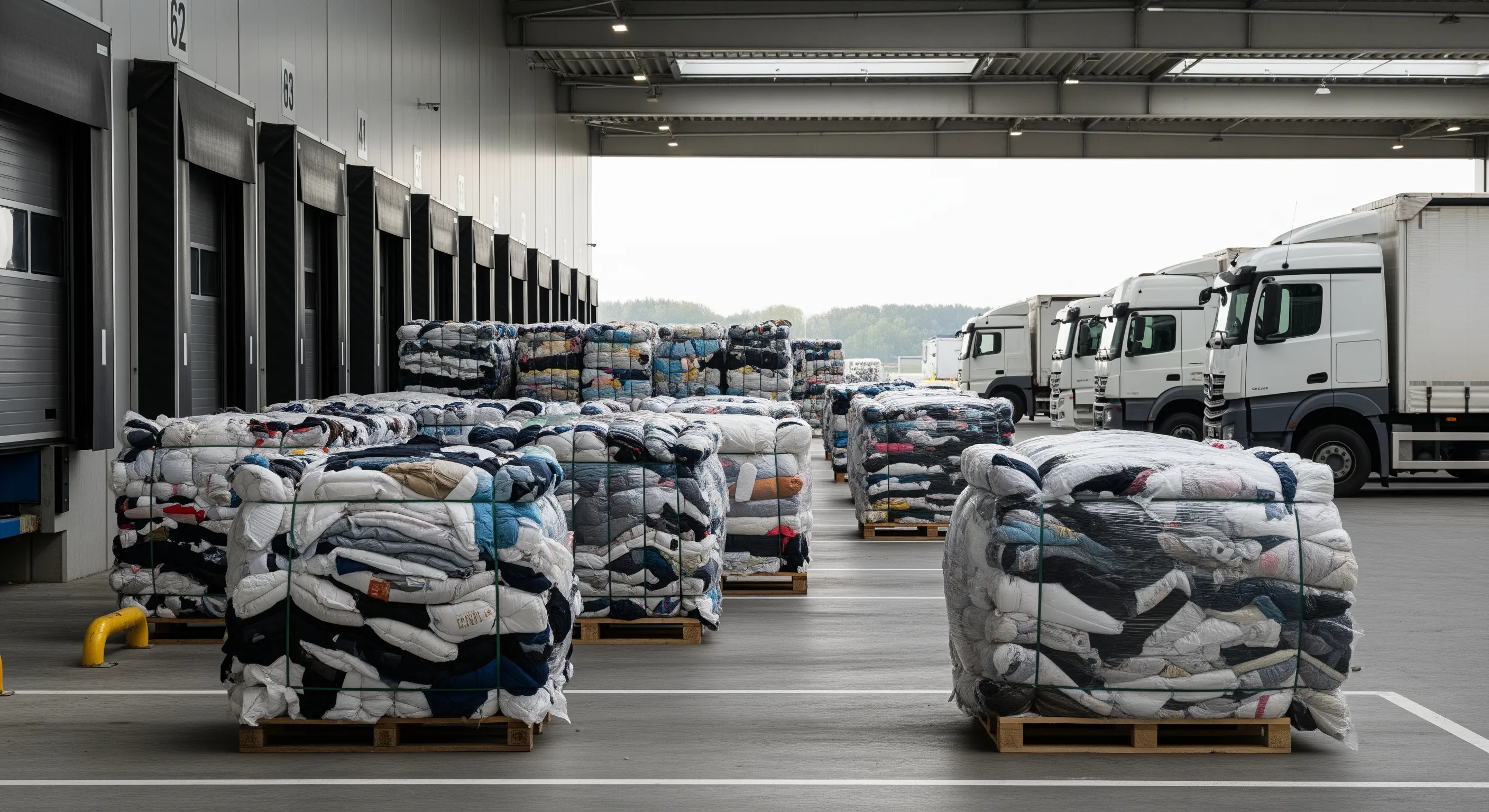 Loading bay of a wholesale second-hand clothing warehouse in Milan with bales ready for shipment on pallets under natural light
