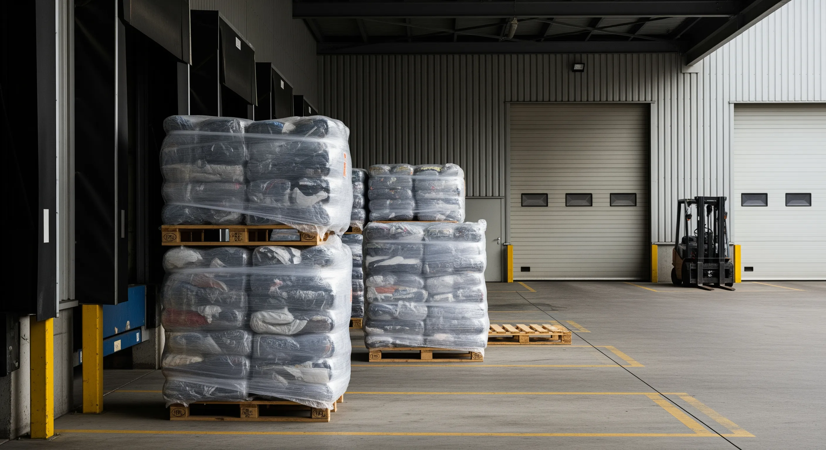 Loading bay area outside a warehouse with large bales of second-hand clothing ready for export shipment in an Italian wholesale facility.