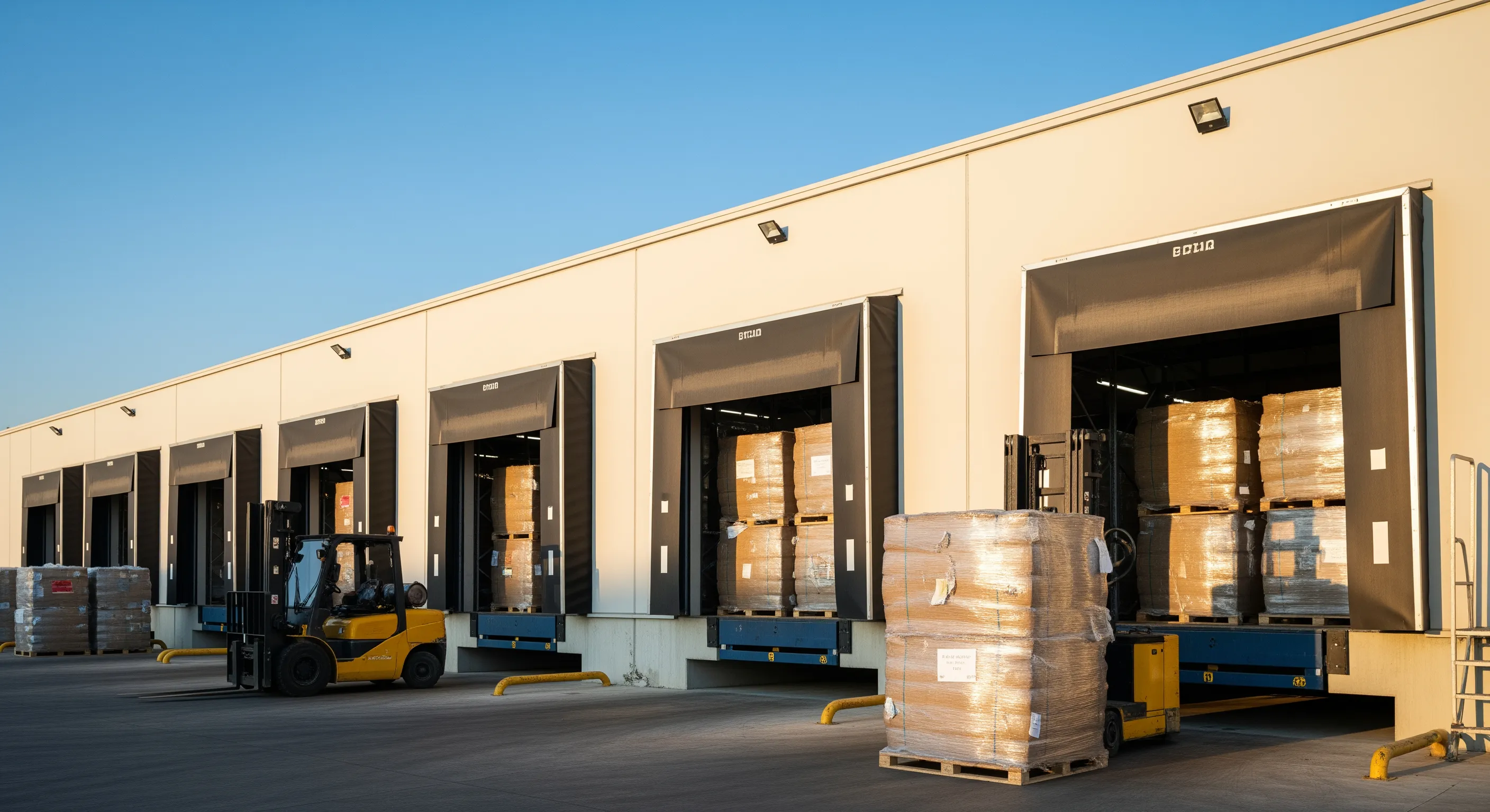 Loading dock area with large bales of secondhand clothing ready for export, forklift parked nearby outside an Italian wholesale warehouse.