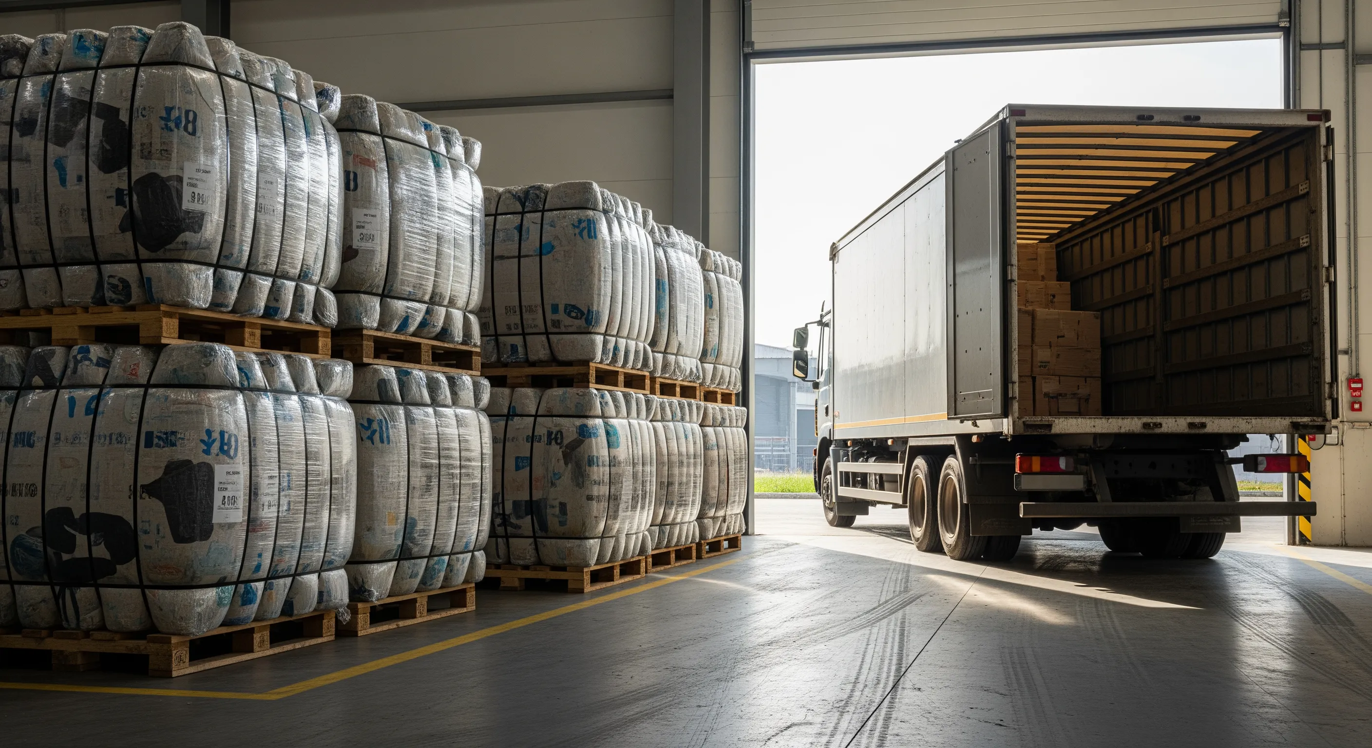 Warehouse loading bay with stacked bales of second-hand clothing beside an open freight truck for export in Italy.