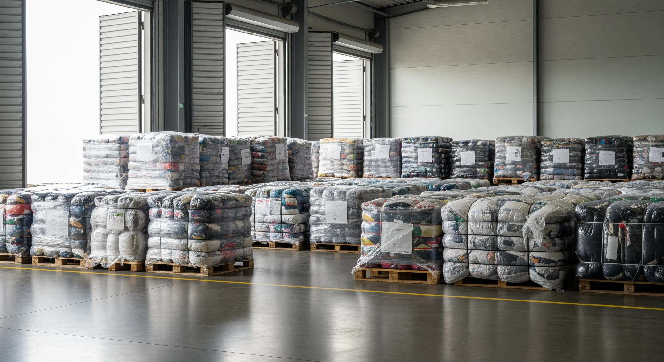 Loading bay area with stacked bales of second-hand clothing prepared for export in a clean industrial space.