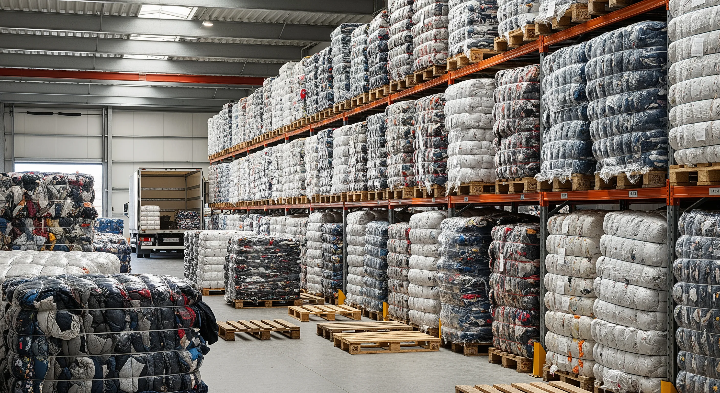 Organized warehouse area with stacked bales of vintage clothing near a truck loading bay under natural light.