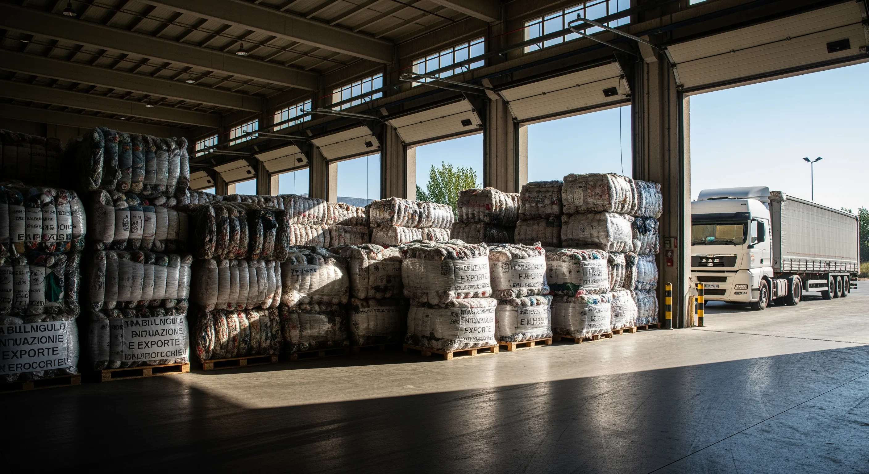 Loading bay warehouse scene in Italy with pallets of second-hand clothing bales ready for export, truck visible outside