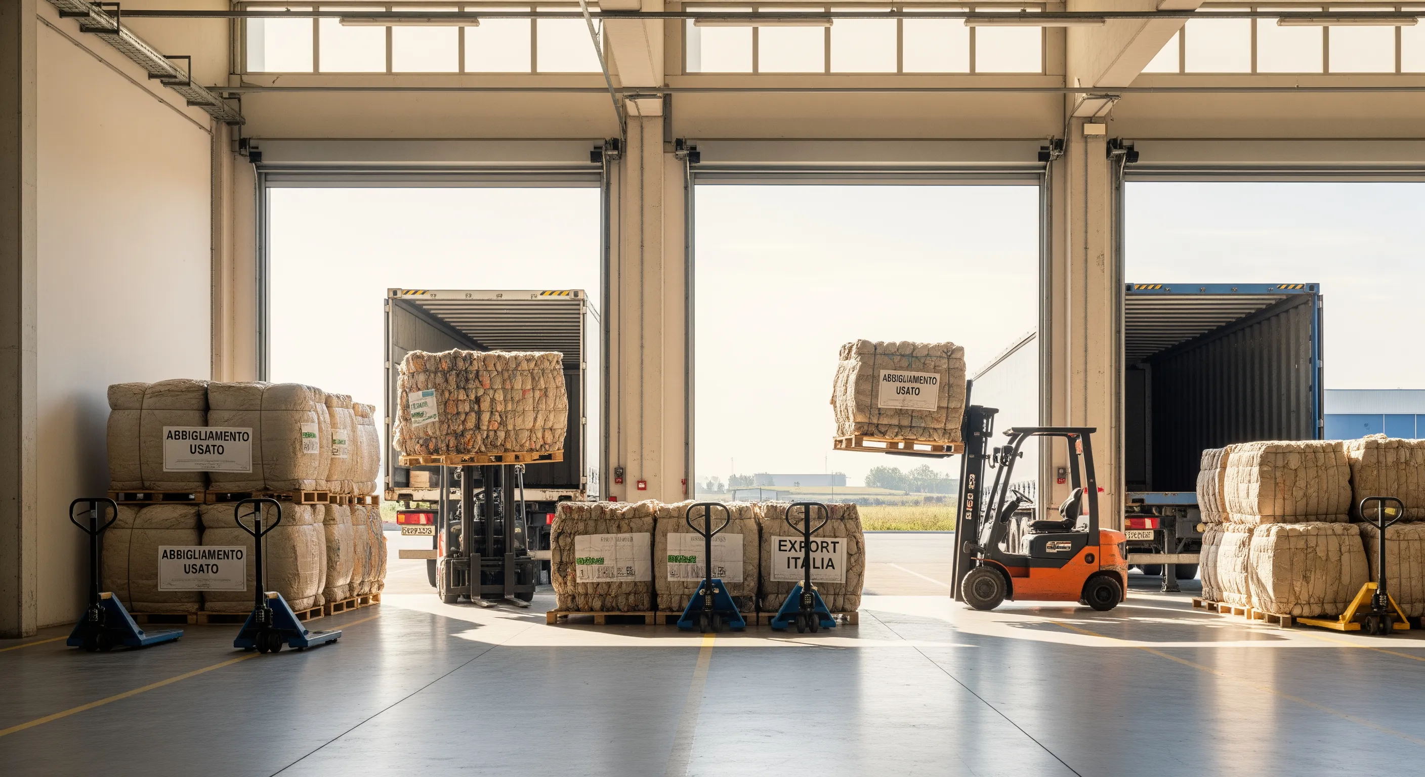 Logistics loading bay with palletized second-hand clothing bales staged for export in a modern Italian warehouse