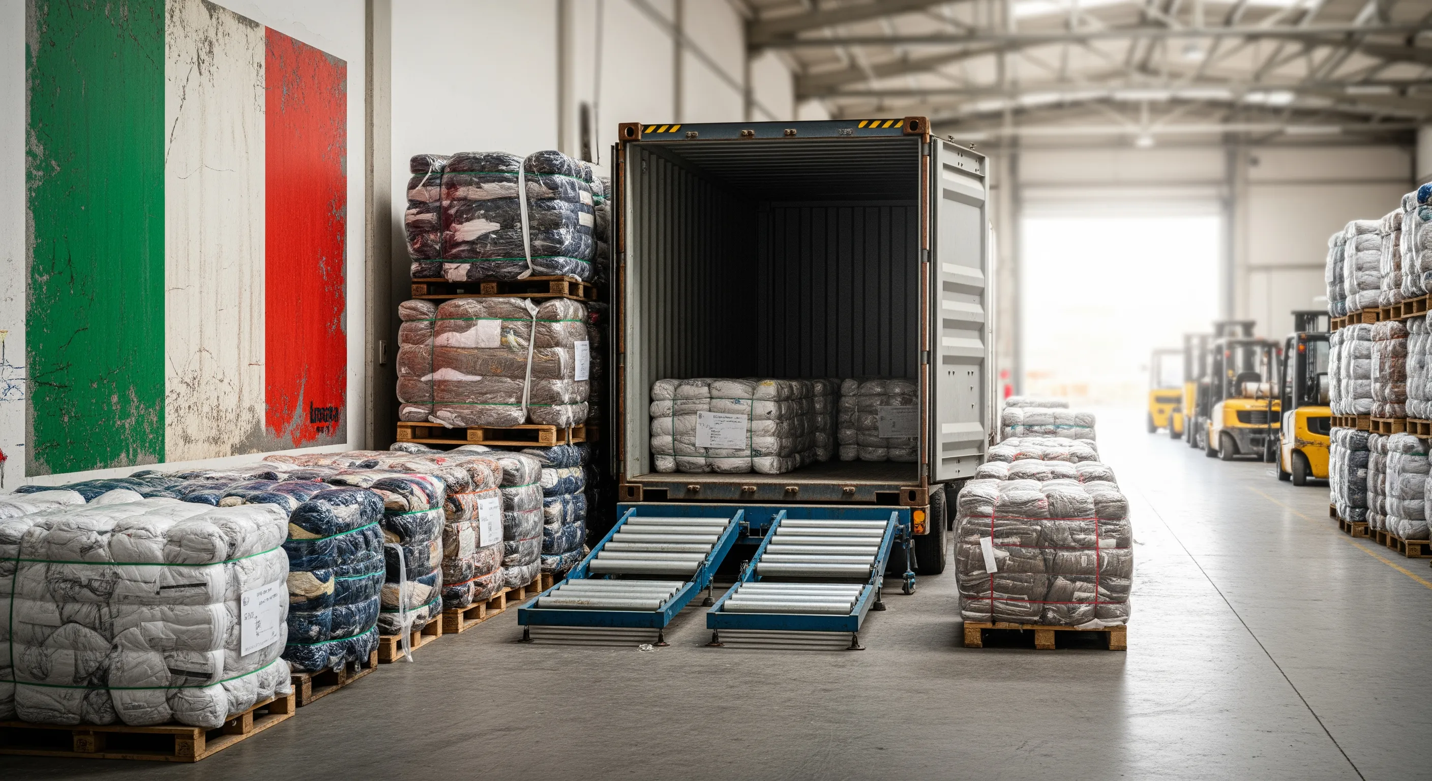 Warehouse loading bay in Italy with stacked second-hand clothing bales near an open freight container ready for export.