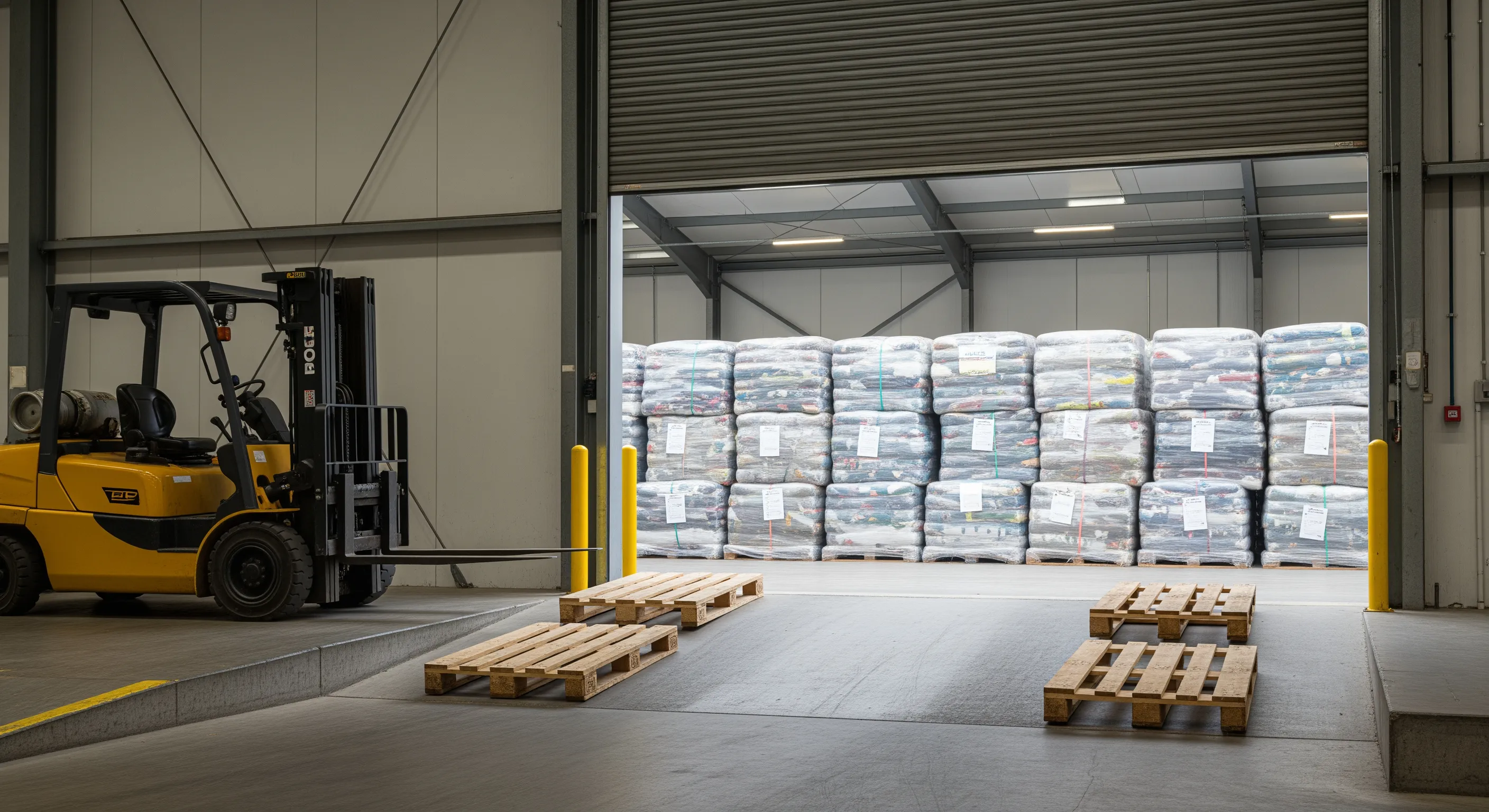 Loading bay area with stacked bales of second-hand clothing awaiting export loading at a neat warehouse in Italy