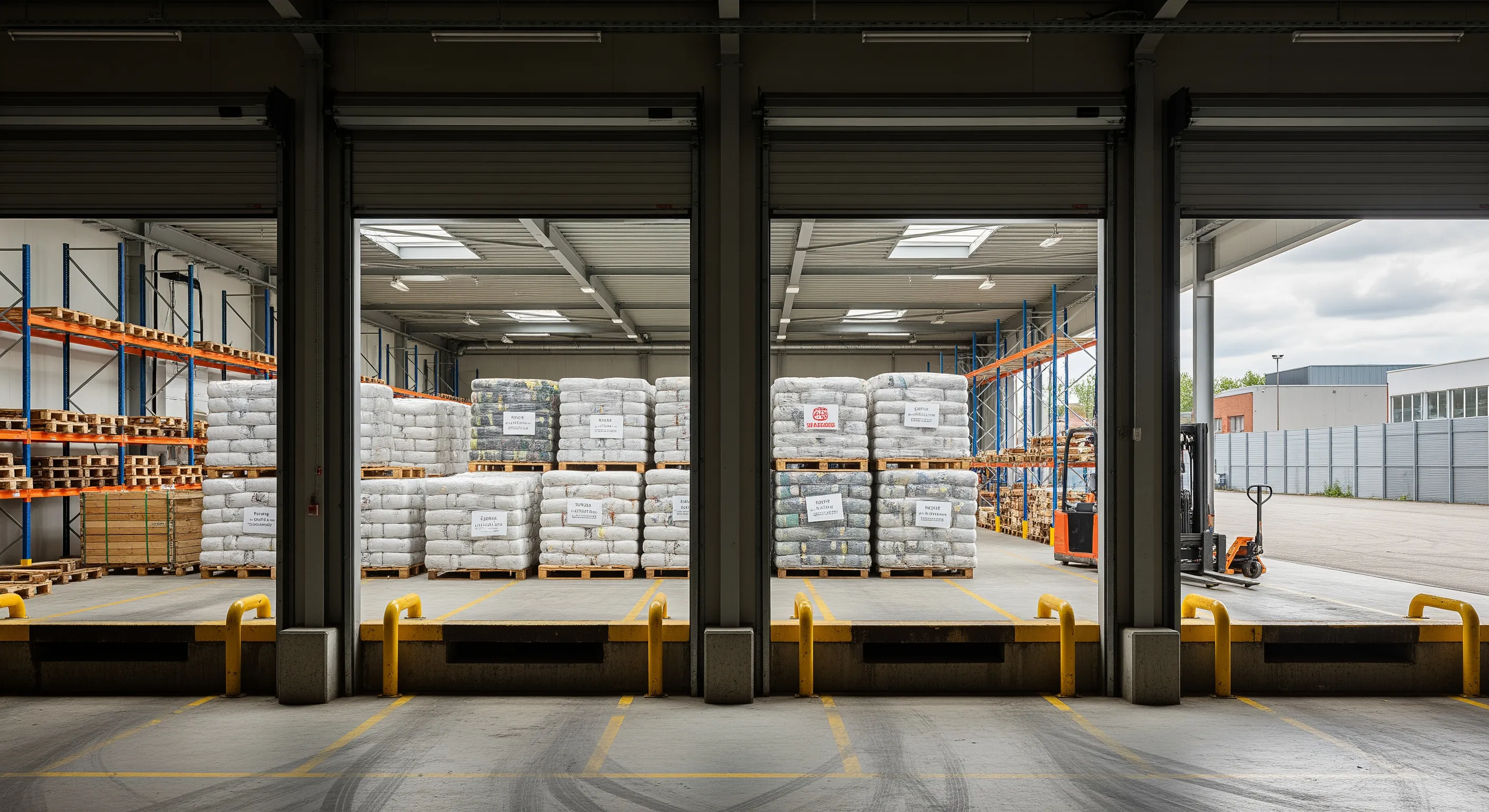 Warehouse loading bay with stacks of second-hand clothing bales ready for export in a neat industrial setting near Ercolano.