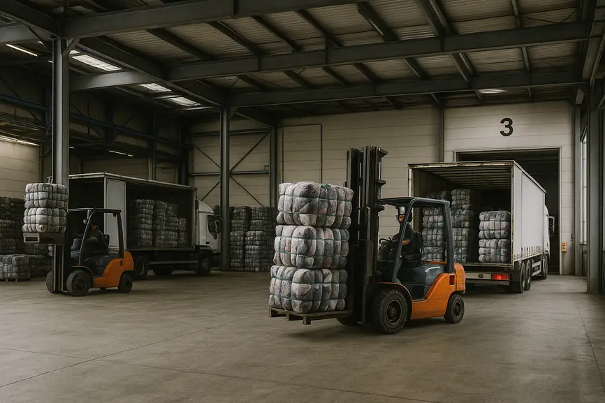 Loading bay with forklifts moving large bales of second-hand clothing onto trucks in an Italian wholesale warehouse