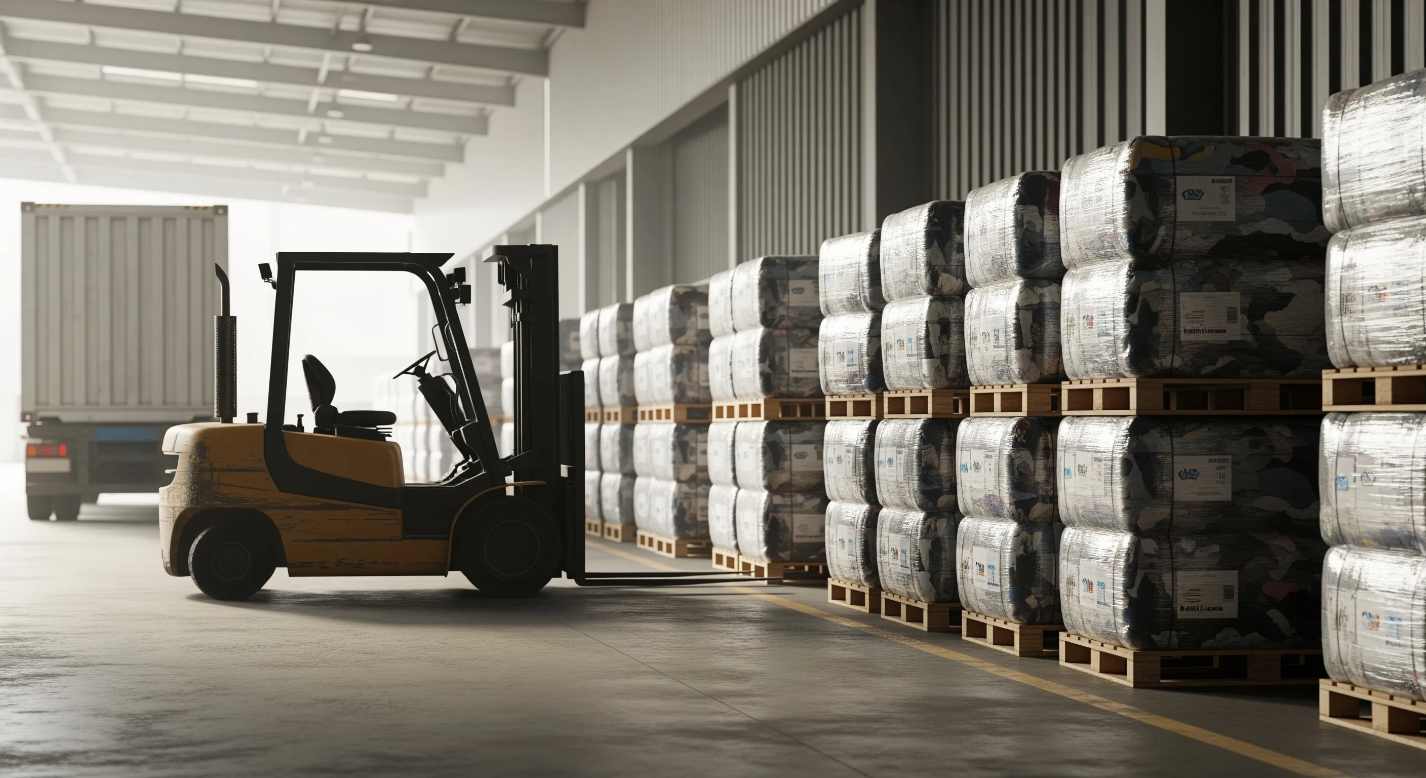 Loading dock at Naples warehouse with pallets of sealed second-hand clothing bales and awaiting forklift in early morning light