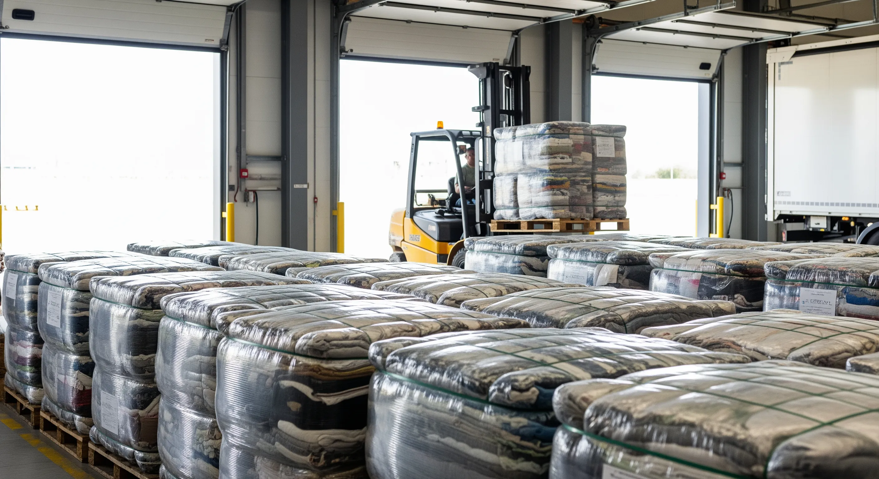 Loading bay inside a clean warehouse with pallets of second-hand clothing bales ready for export in Prato, Italy