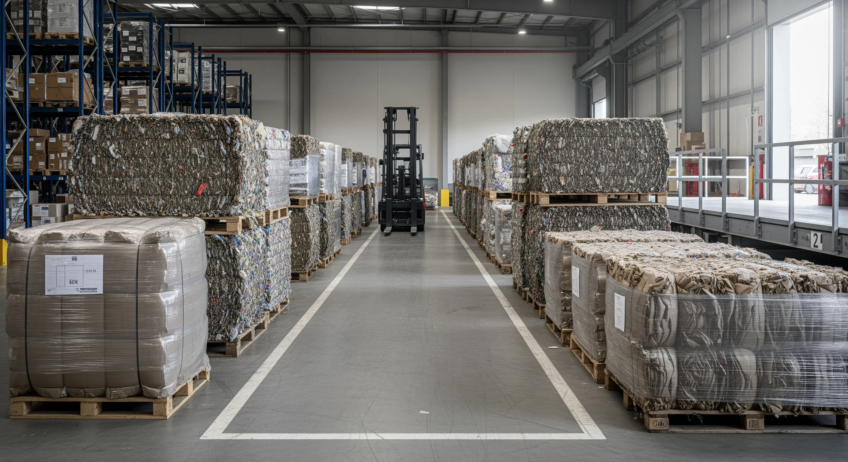 Warehouse logistics area with rows of heavy second-hand clothing bales prepared for export in an organized, clean industrial environment