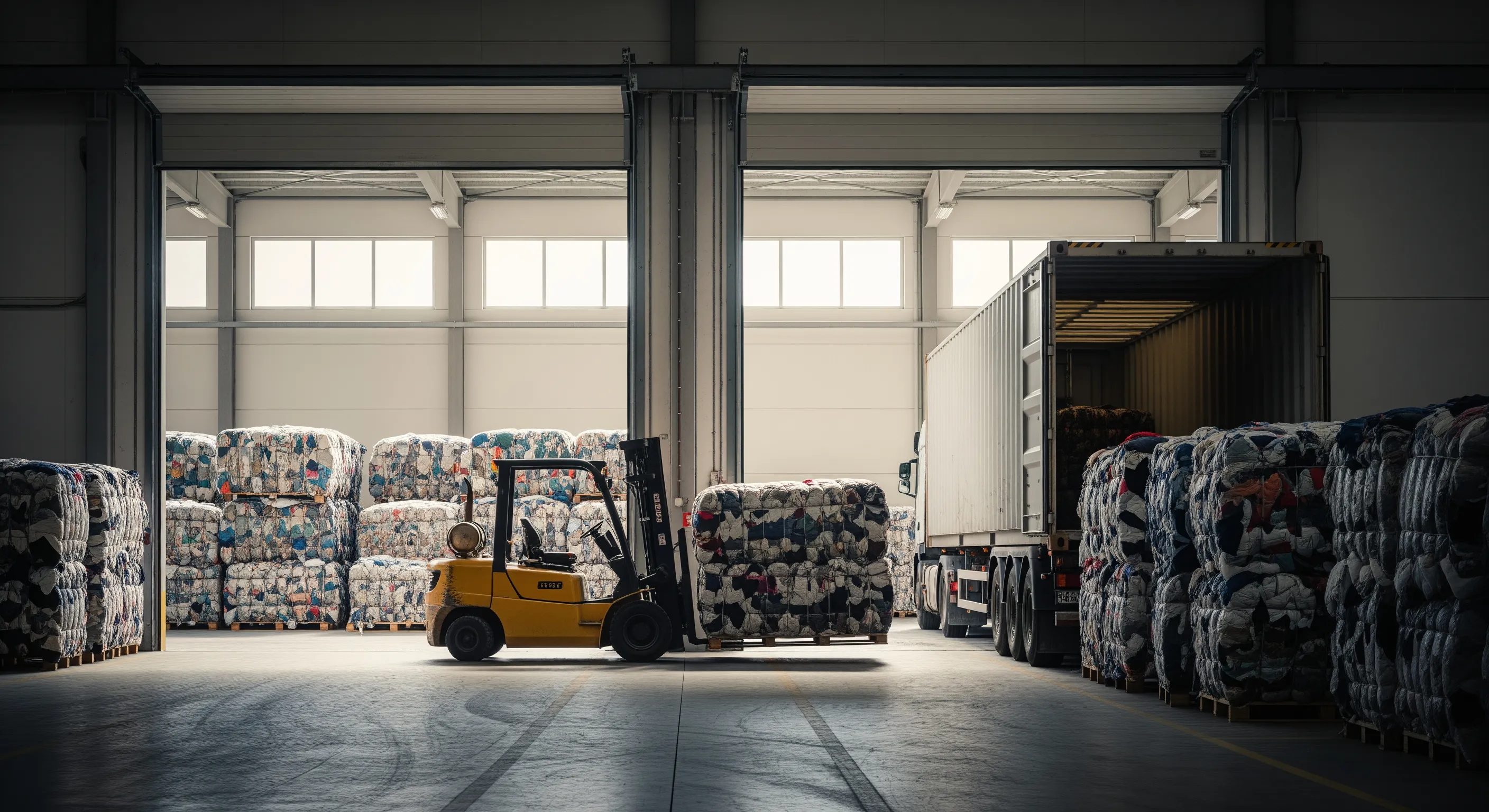 Loading bay area with a forklift moving bales of used apparel towards an export truck in Italy