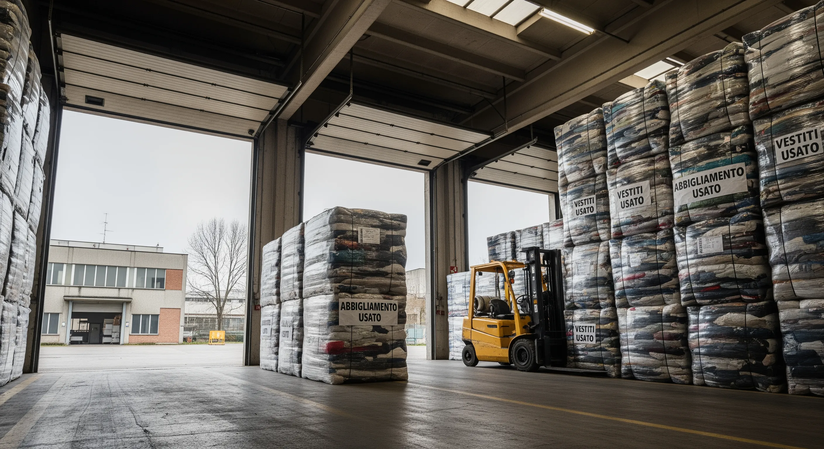 Loading bay with pallets of second-hand clothing bales ready for shipment at a warehouse in Italy