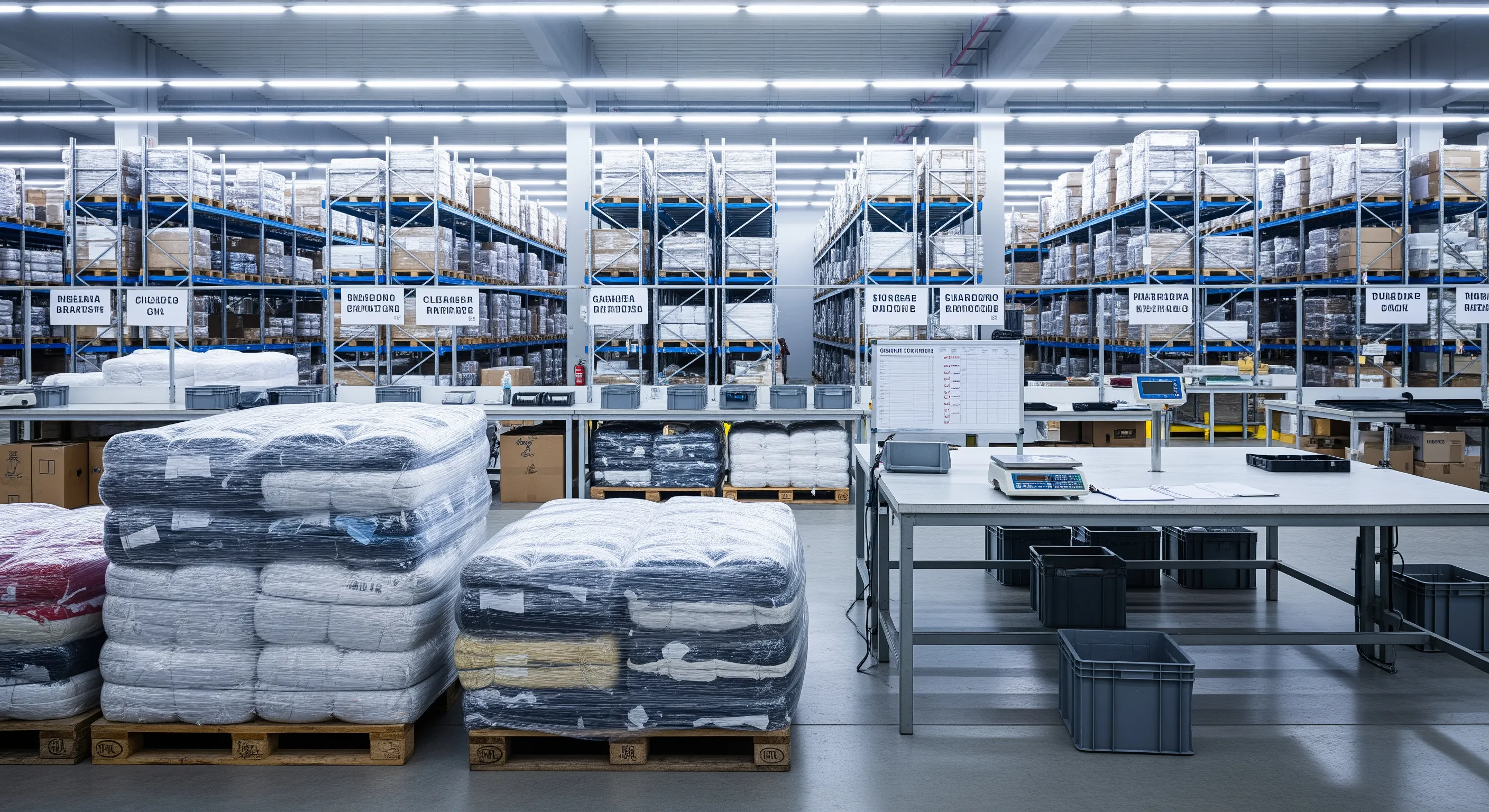 Bright interior view of a warehouse sorting area showing large clothing bales and metal racks, symbolizing organized quality control in Montemurlo
