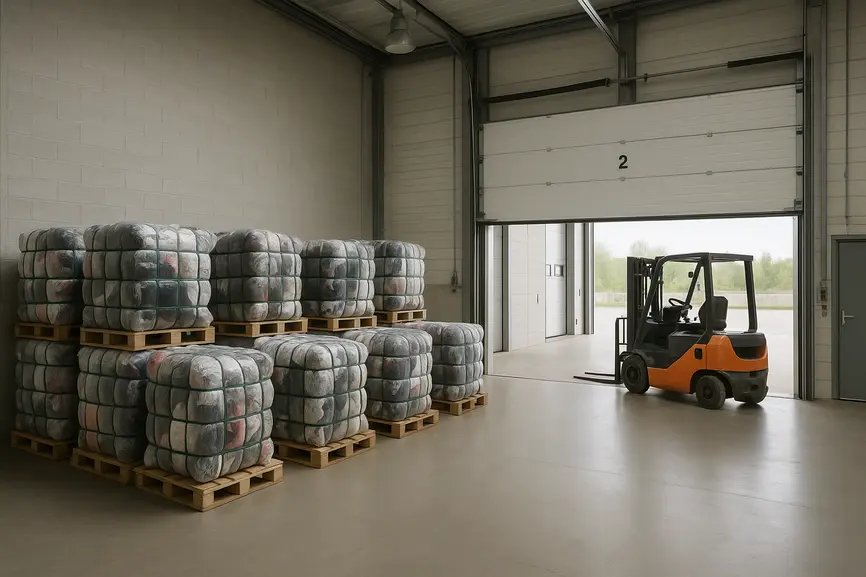 Loading bay area of an Italian warehouse with pallets of large second-hand clothing bales ready for shipping, forklift parked.