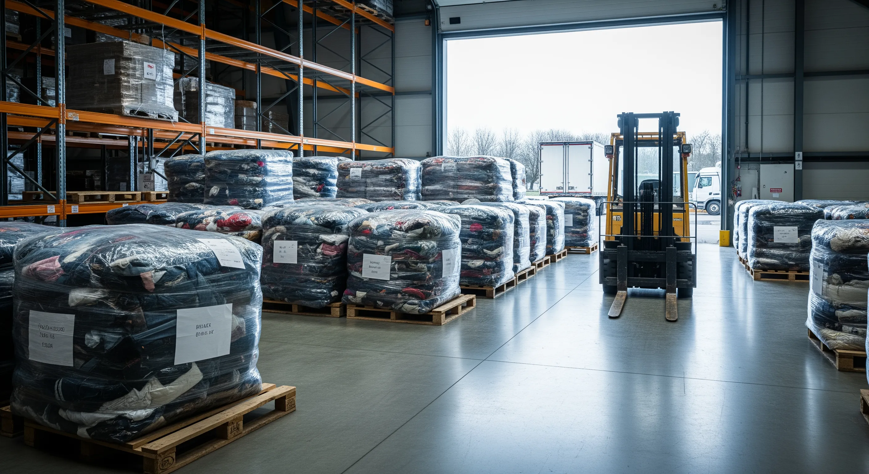 Loading bay with pallets of branded vintage clothing bales staged for export in Italian warehouse