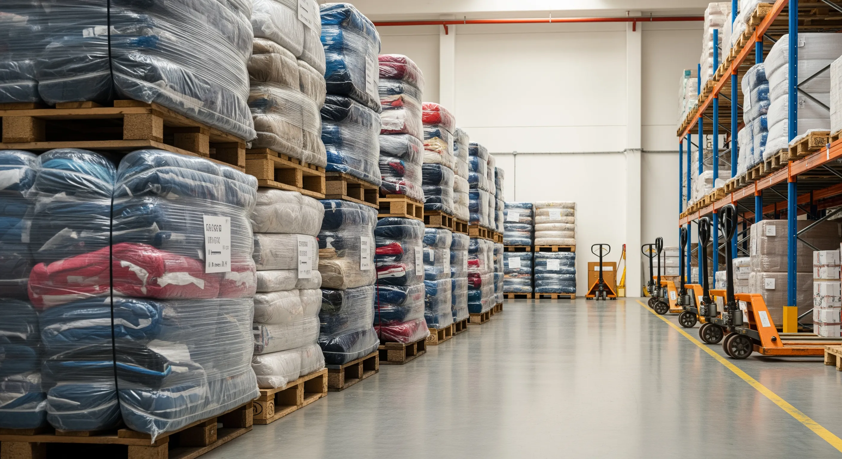 Inside a logistic staging area with multiple pallets of second-hand clothing bales ready for export in an Italian warehouse
