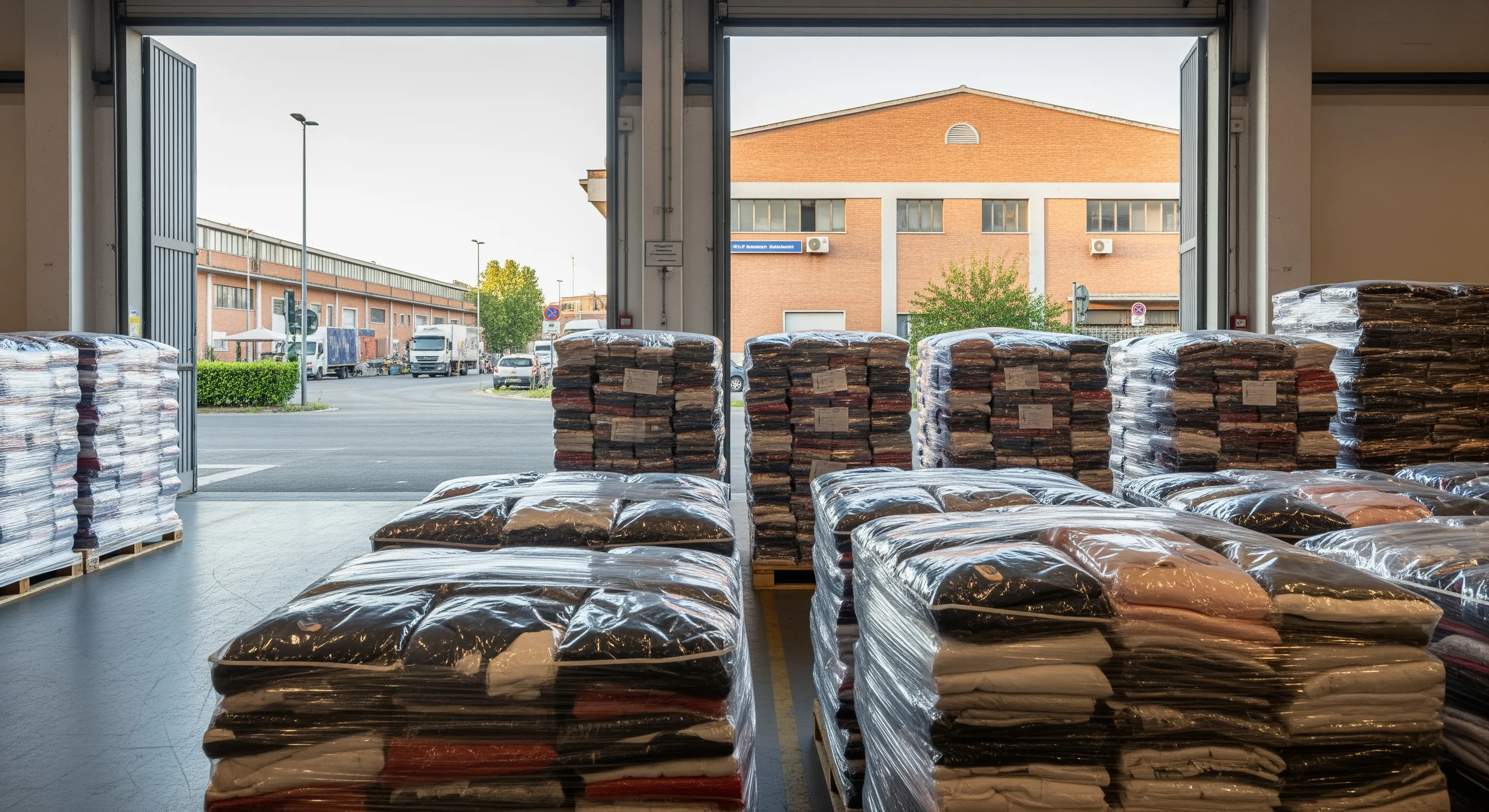 Loading bay area with pallets of bulk second-hand clothing ready for export in a clean Italian warehouse