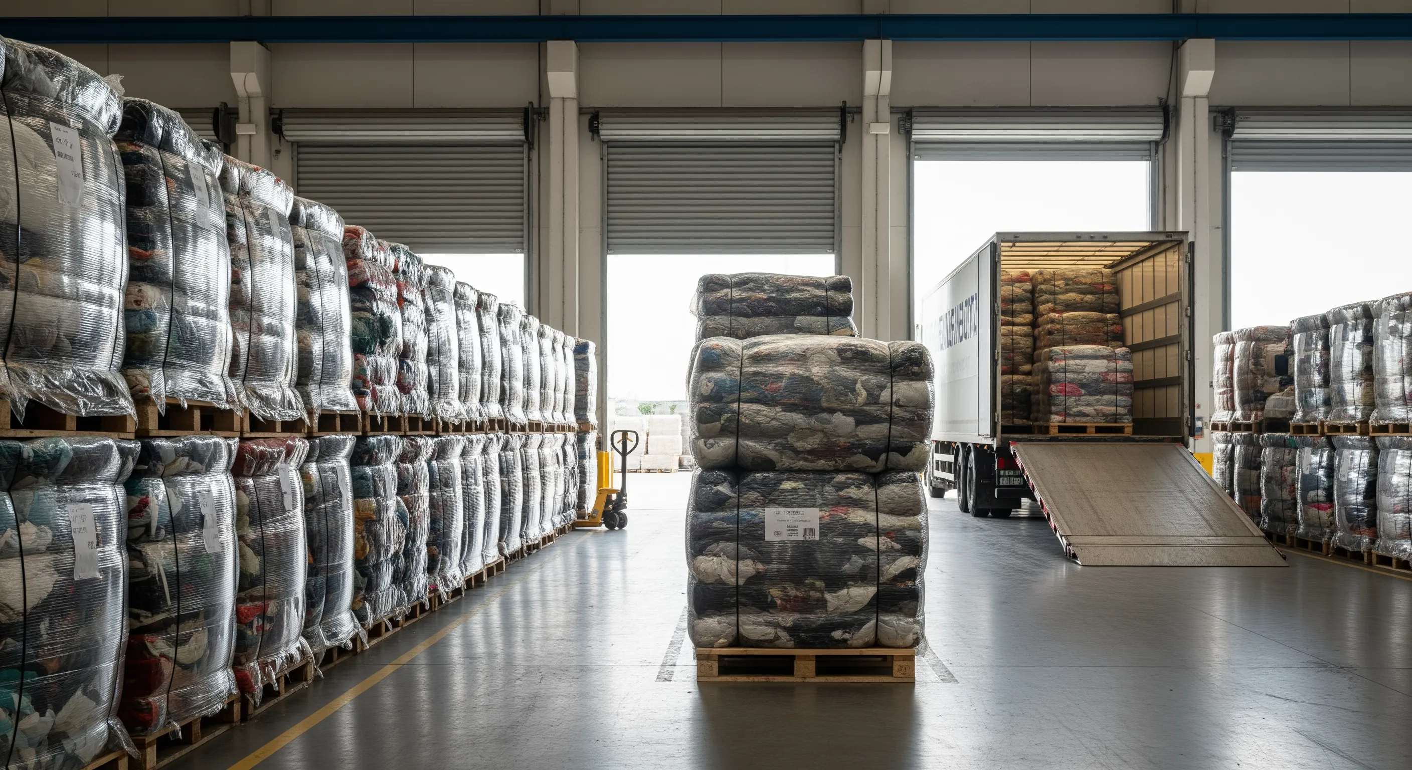 Loading bay with rows of large clothing bales stacked on pallets and a freight truck ready for export in an Italian warehouse