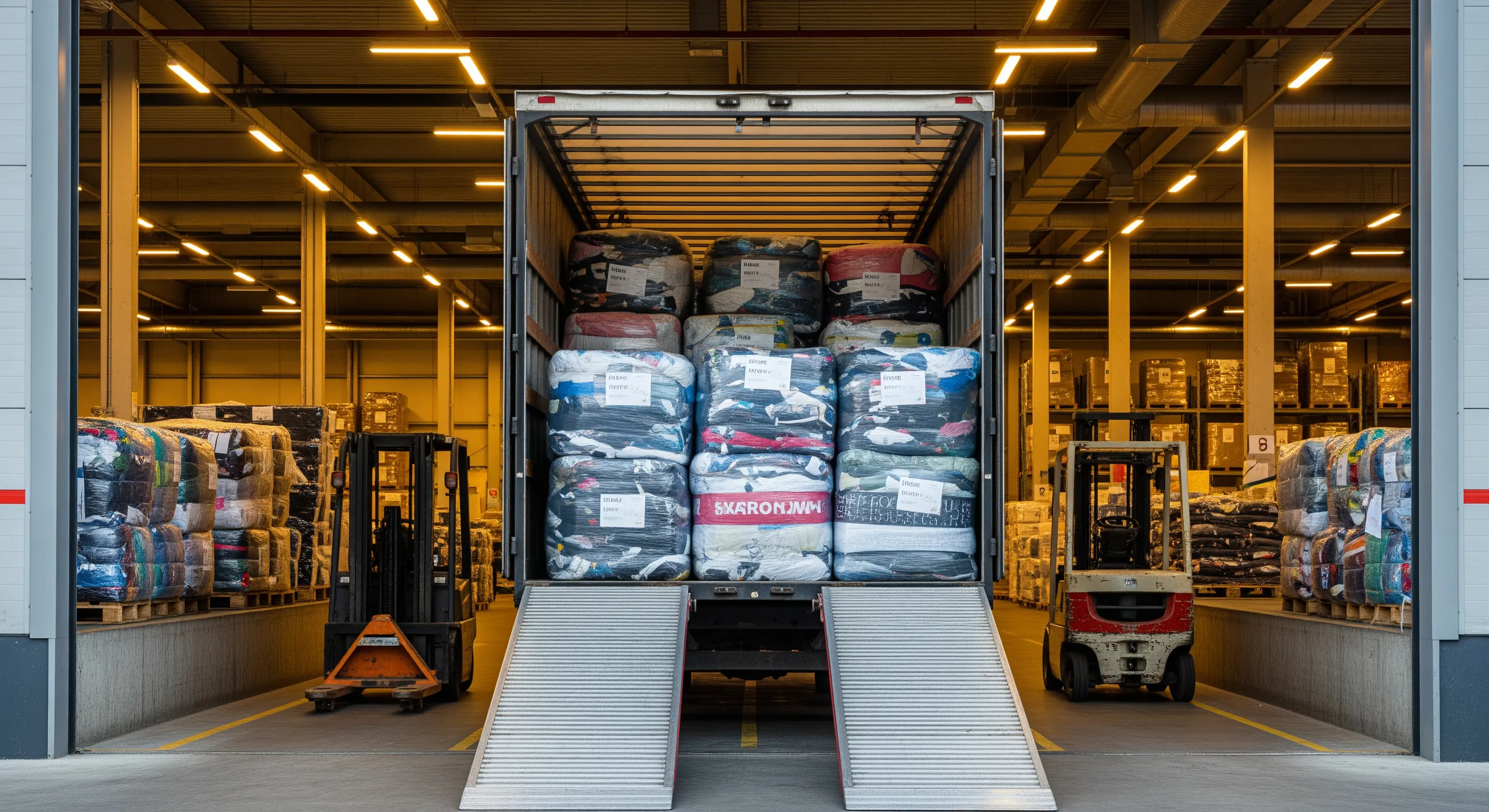 Loading dock scene with an open truck being loaded with big bales of second-hand branded clothes in a wholesale warehouse