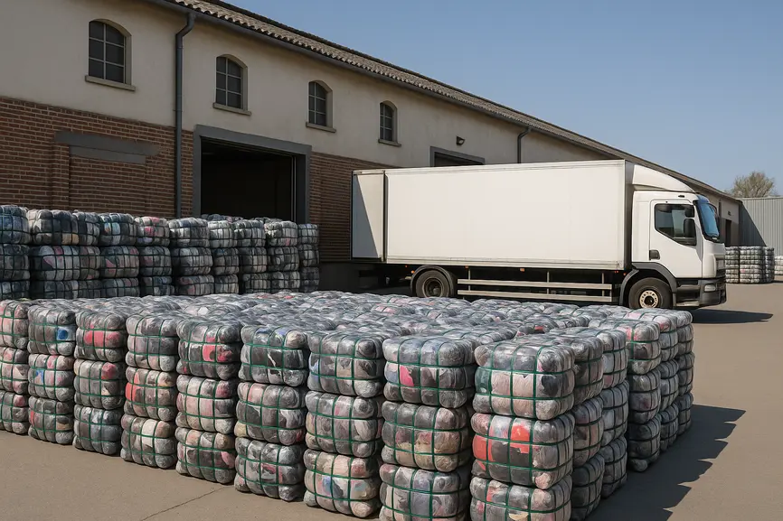 Loading dock area with stacked bales of second hand clothes ready for export beside a delivery truck under daylight.
