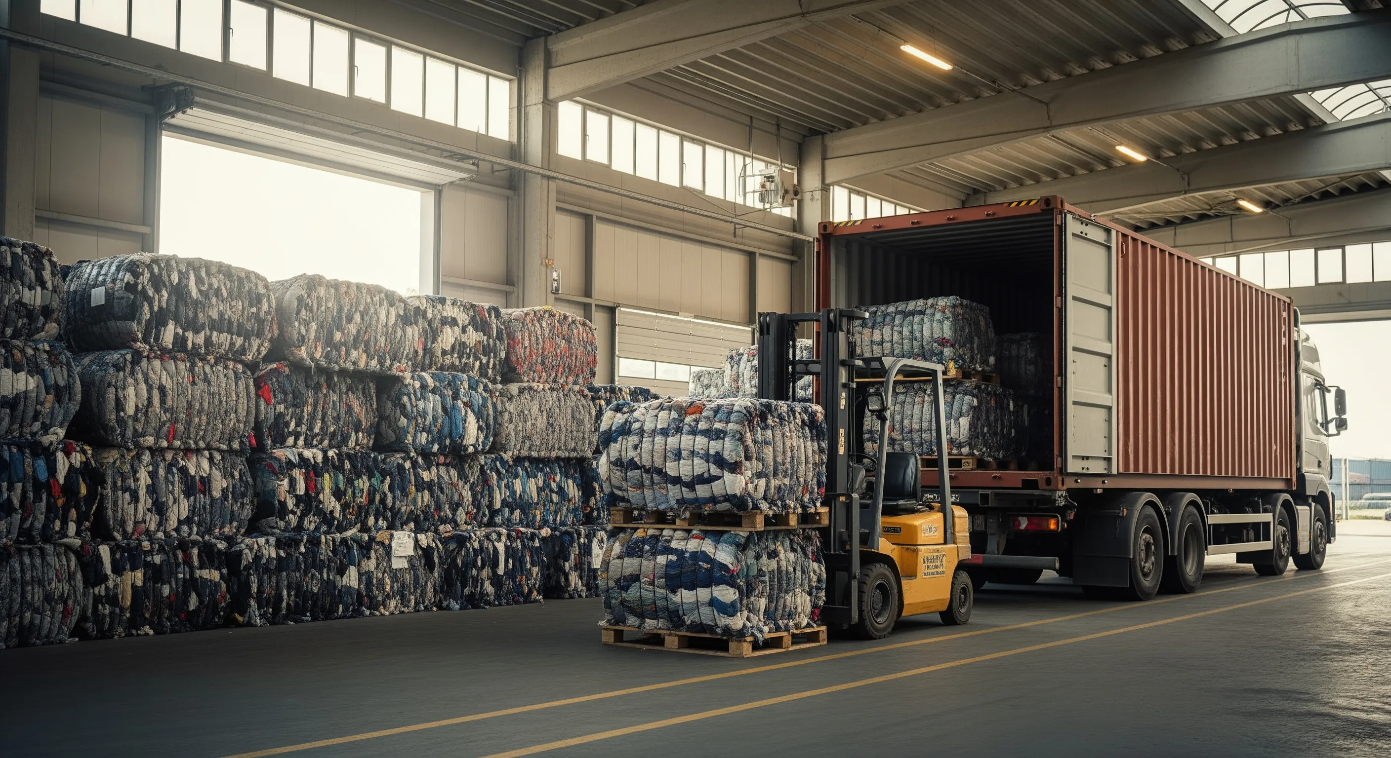 Loading bay with large second hand clothing bales on pallets near an open container truck in a clean industrial export environment