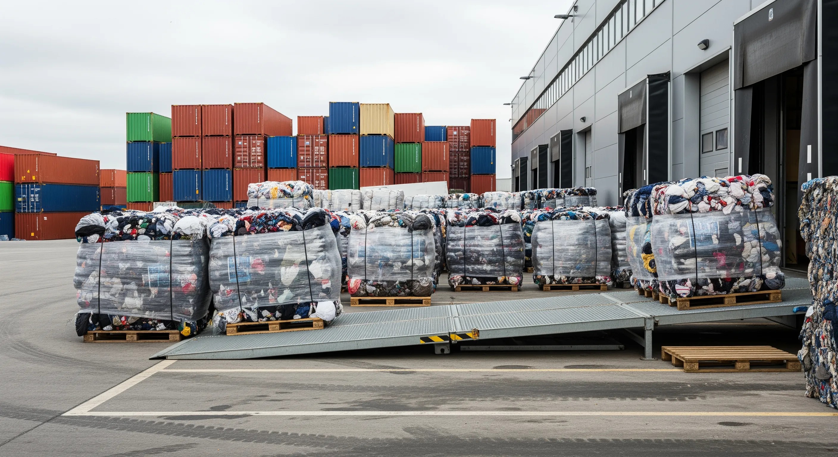 Exterior loading dock with pallets of large second hand clothing bales staged near shipping containers ready for export