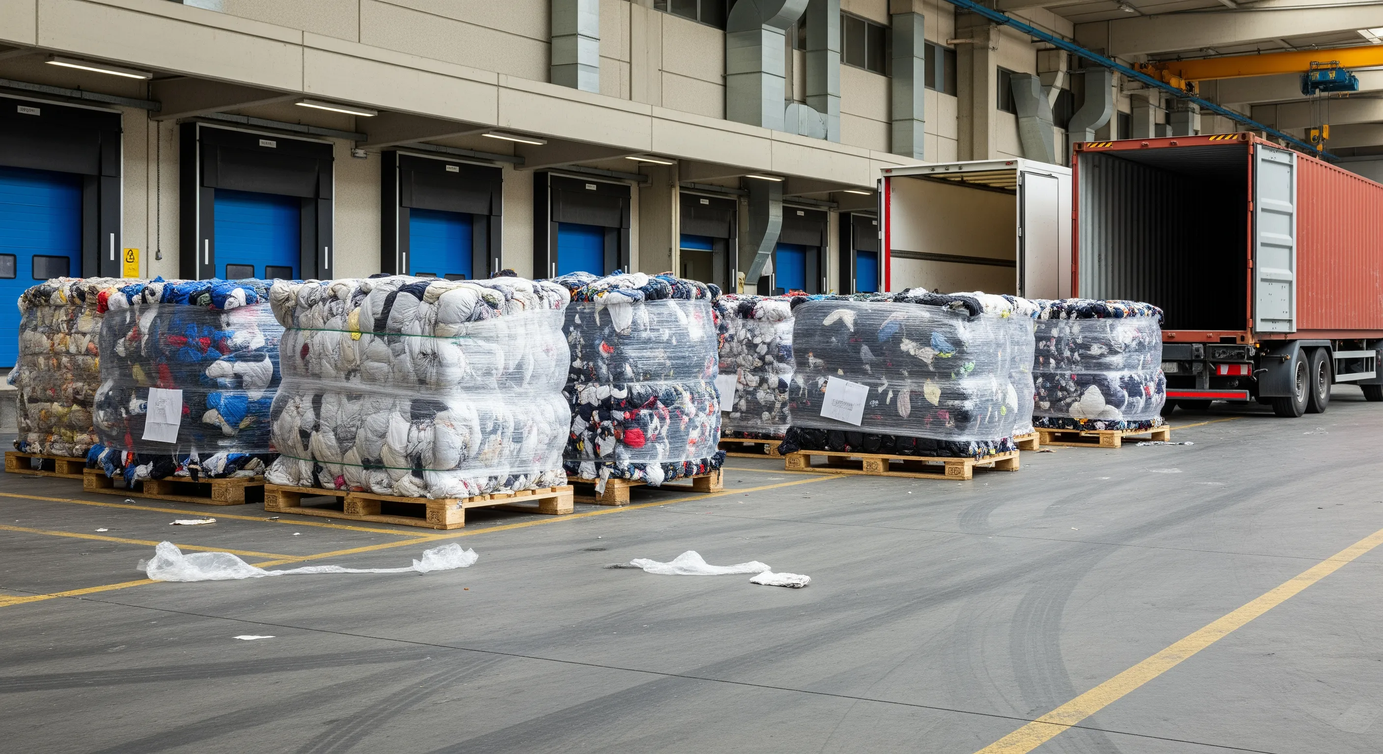 Packed bales of second hand clothes staged on pallets at a loading bay, ready for export in an Italian logistics hub